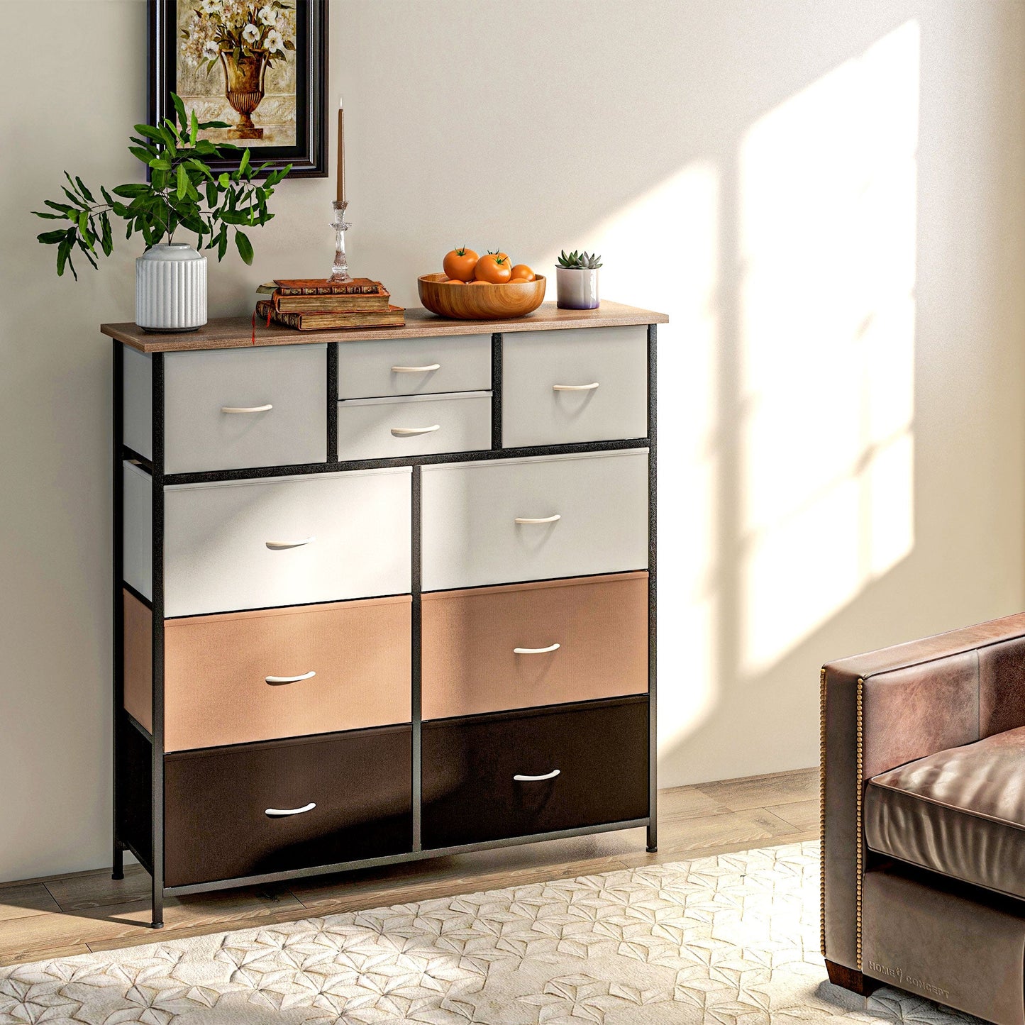 HOMCOM Chest of Drawers for Bedroom, Fabric Dresser, 10 Drawer Storage Organizer Unit with Foldable Drawers and Steel Frame, Multicolour