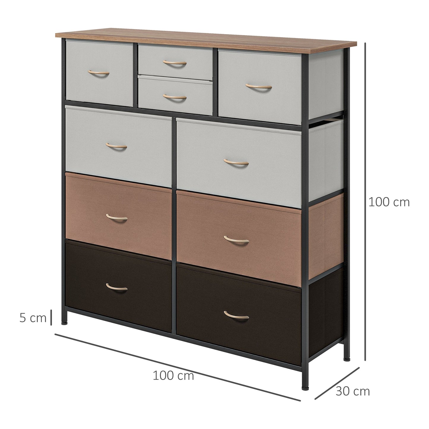 HOMCOM Chest of Drawers for Bedroom, Fabric Dresser, 10 Drawer Storage Organizer Unit with Foldable Drawers and Steel Frame, Multicolour