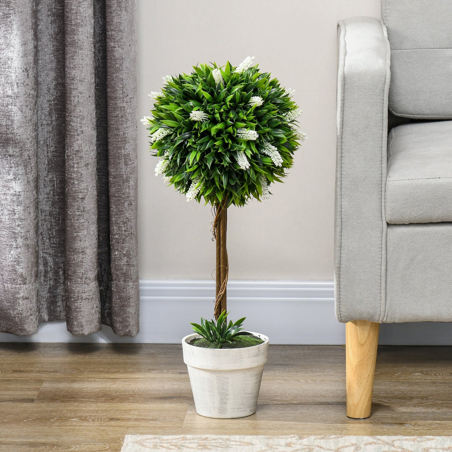 HOMCOM Set of 2 Decorative Artificial Plants Ball Trees with Lavender Flowers in Pot Fake Plants for Home Indoor Outdoor Decor, 60cm, White