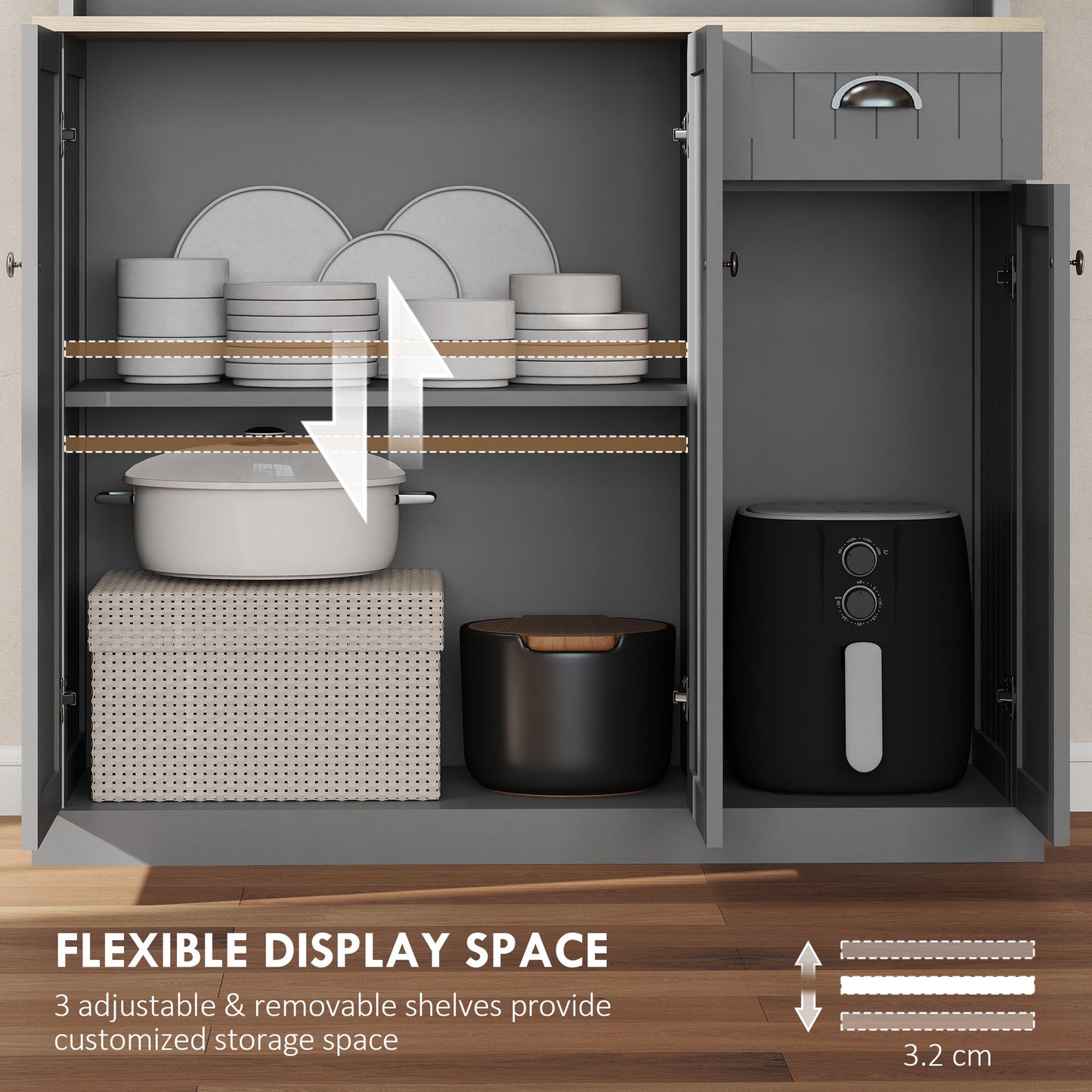 180cm Kitchen Cupboard with 6 Doors, Modern Kitchen Storage Cabinet with Microwave Oven Countertop, Drawer, Adjustable Shelves and Cable Hole, Grey