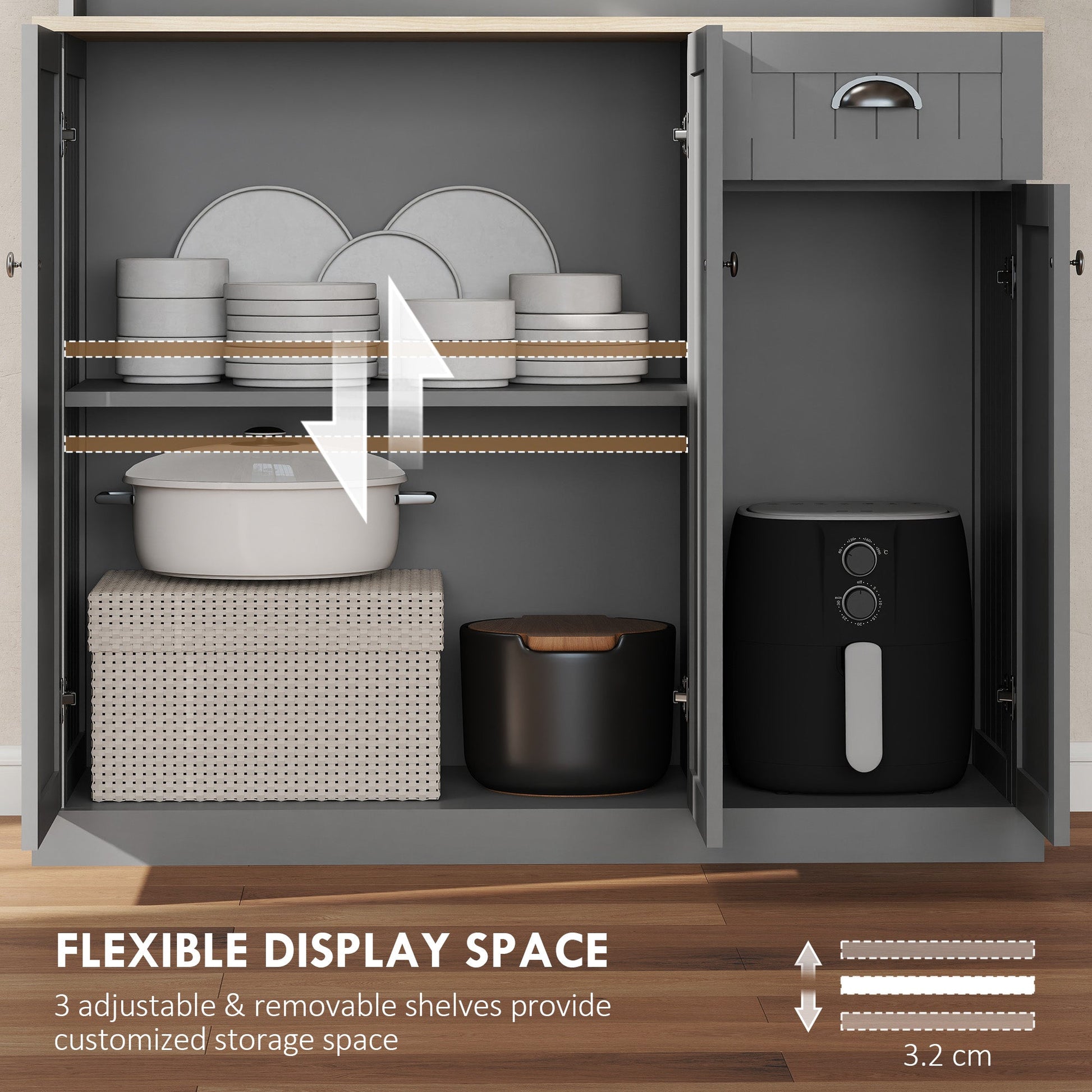 180cm Kitchen Cupboard with 6 Doors, Modern Kitchen Storage Cabinet with Microwave Oven Countertop, Drawer, Adjustable Shelves and Cable Hole, Grey