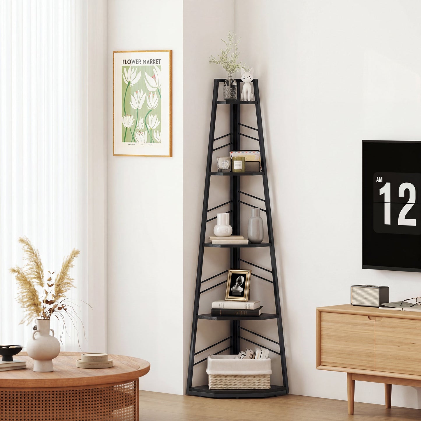Corner Bookcase, 5-Tier Floor Standing Bookshelf, Shelving Unit for Living Room, Study, Bedroom, Black