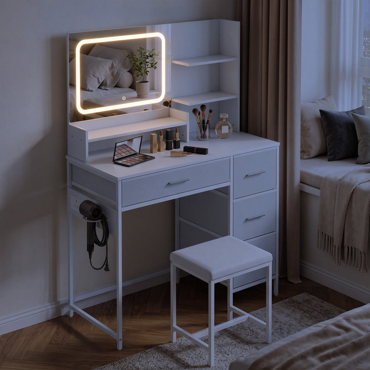 Dressing Table with 3-Colour LED Mirror and Power Outlet, Vanity Desk with 4 Drawers, 5 Open Shelves and Hair Dryer Holder, Modern Makeup Table for Bedroom, 88 x 40 x 130 cm, White
