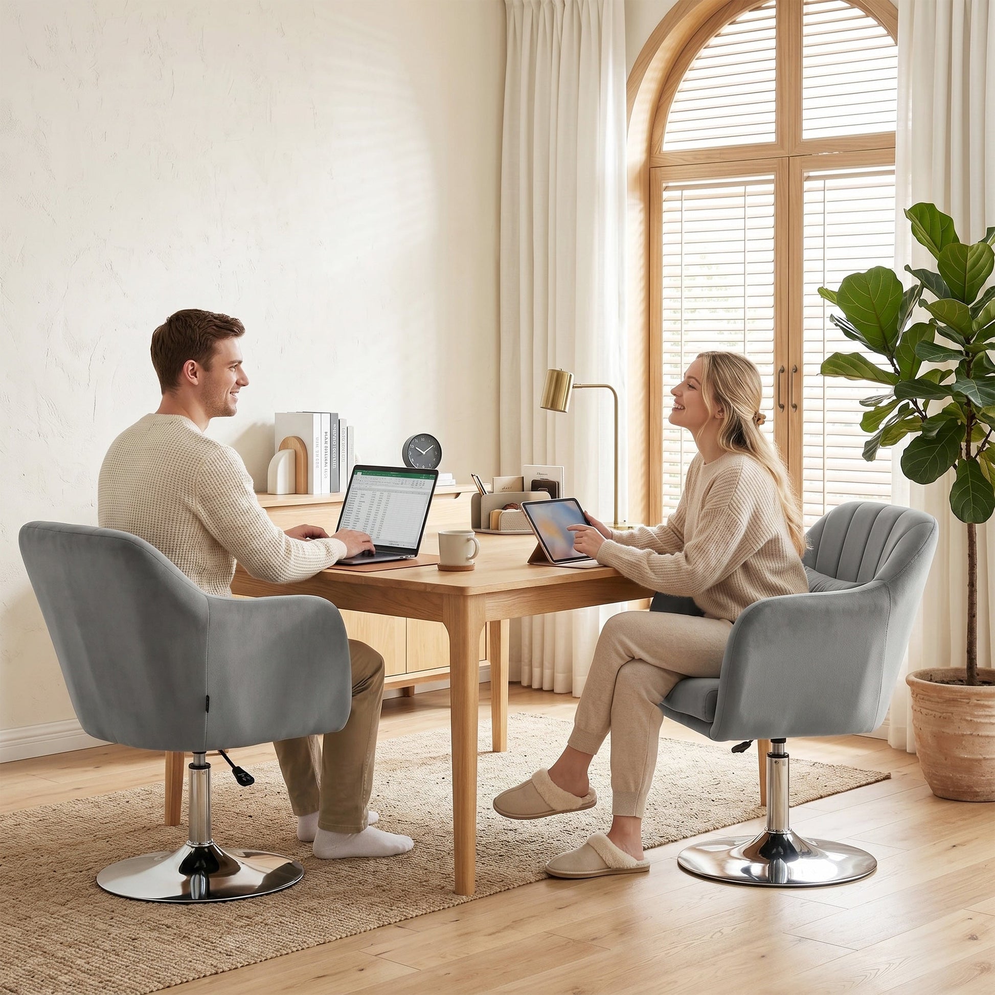 Swivel Accent Chair, Velvet Fabric Tub Vanity Chair, Modern Armchair with Adjustable Height and Lumbar Support for Living Room Bedroom Salon Make up Room Dressing Table, Grey