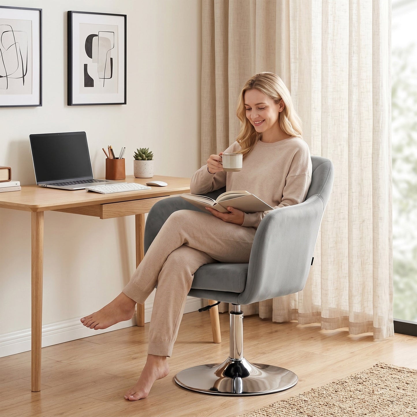 Swivel Accent Chair, Velvet Fabric Tub Vanity Chair, Modern Armchair with Adjustable Height and Lumbar Support for Living Room Bedroom Salon Make up Room Dressing Table, Grey
