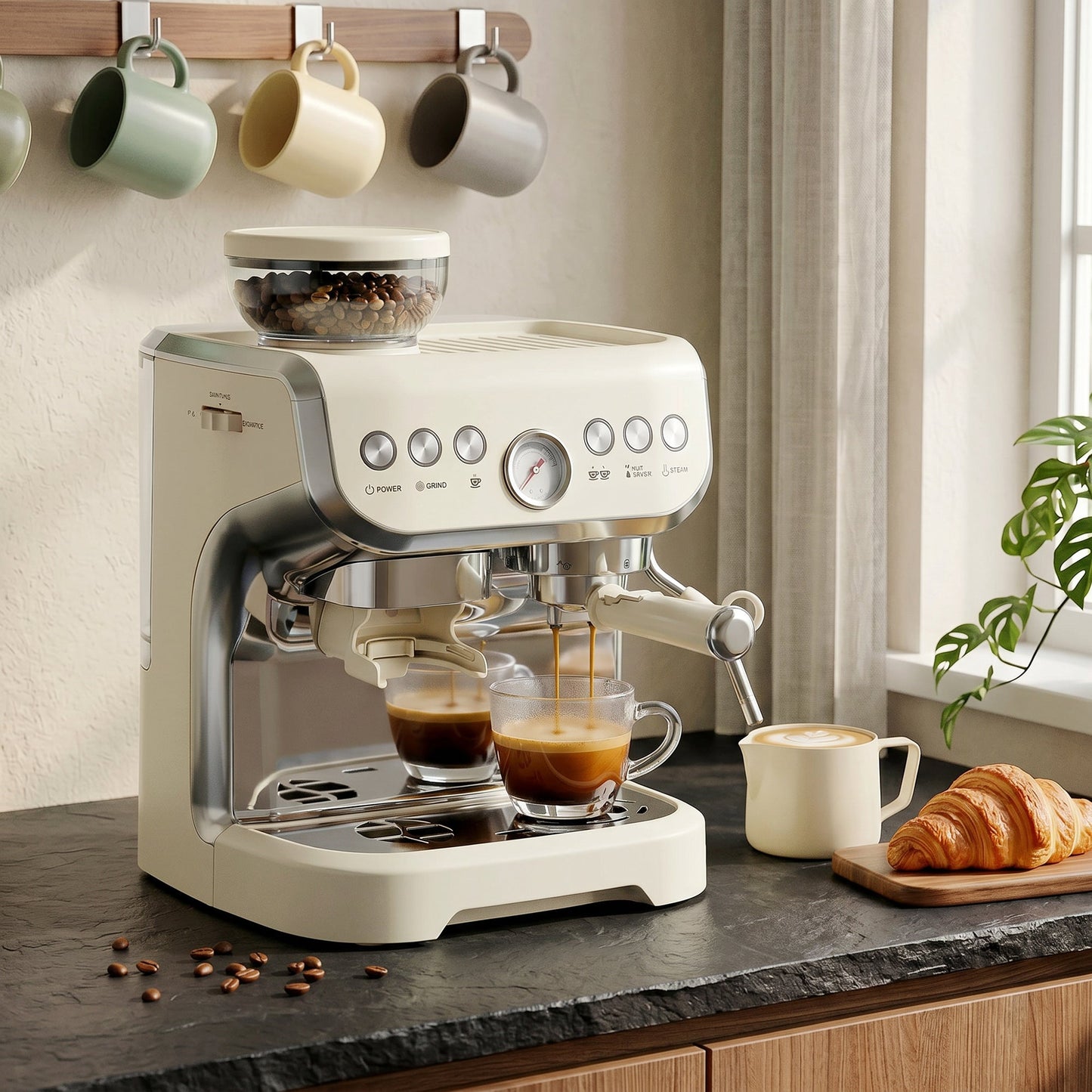 Espresso Machine with Integrated Bean Grinder & Steam Wand, Bean to Cup Coffee Machine with 15 Bar Italian Pump, 2L Water Tank, Cappuccino Maker, Stainless Steel, Cream White