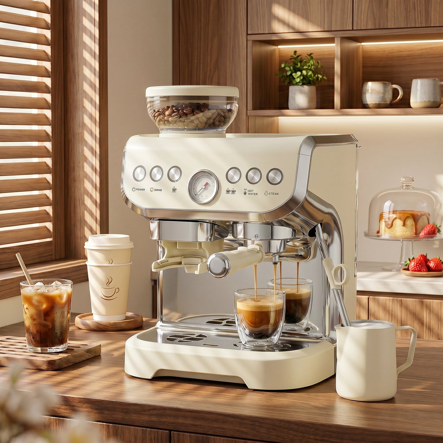 Espresso Machine with Integrated Bean Grinder & Steam Wand, Bean to Cup Coffee Machine with 15 Bar Italian Pump, 2L Water Tank, Cappuccino Maker, Stainless Steel, Cream White