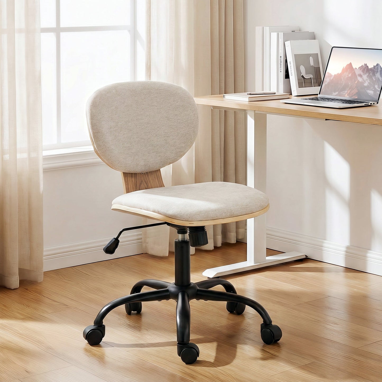 Home Office Chair, Swivel Computer Desk Chair with Rocking Function, Adjustable Height, Curved Back, Wheels, Armless, Light Grey