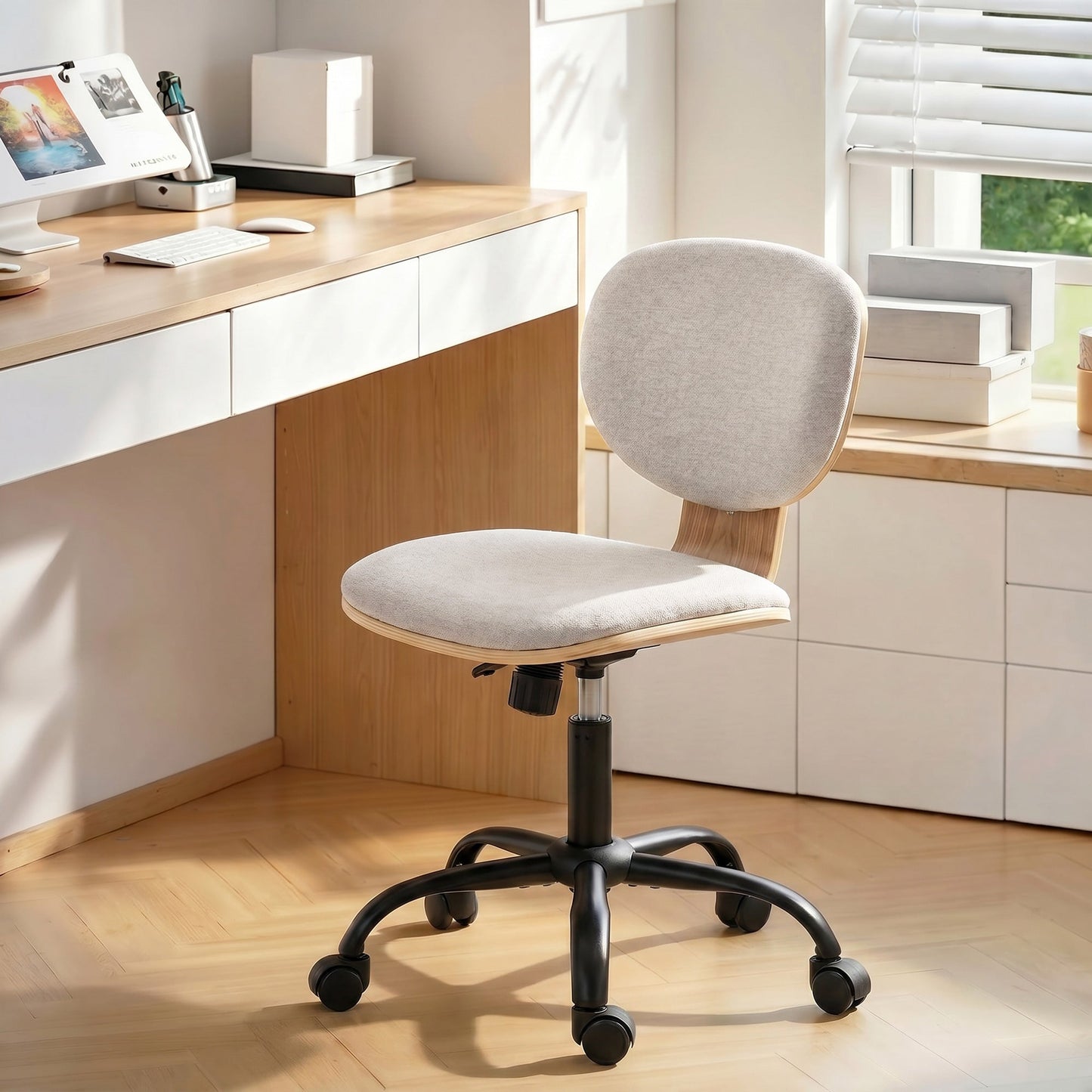 Home Office Chair, Swivel Computer Desk Chair with Rocking Function, Adjustable Height, Curved Back, Wheels, Armless, Light Grey