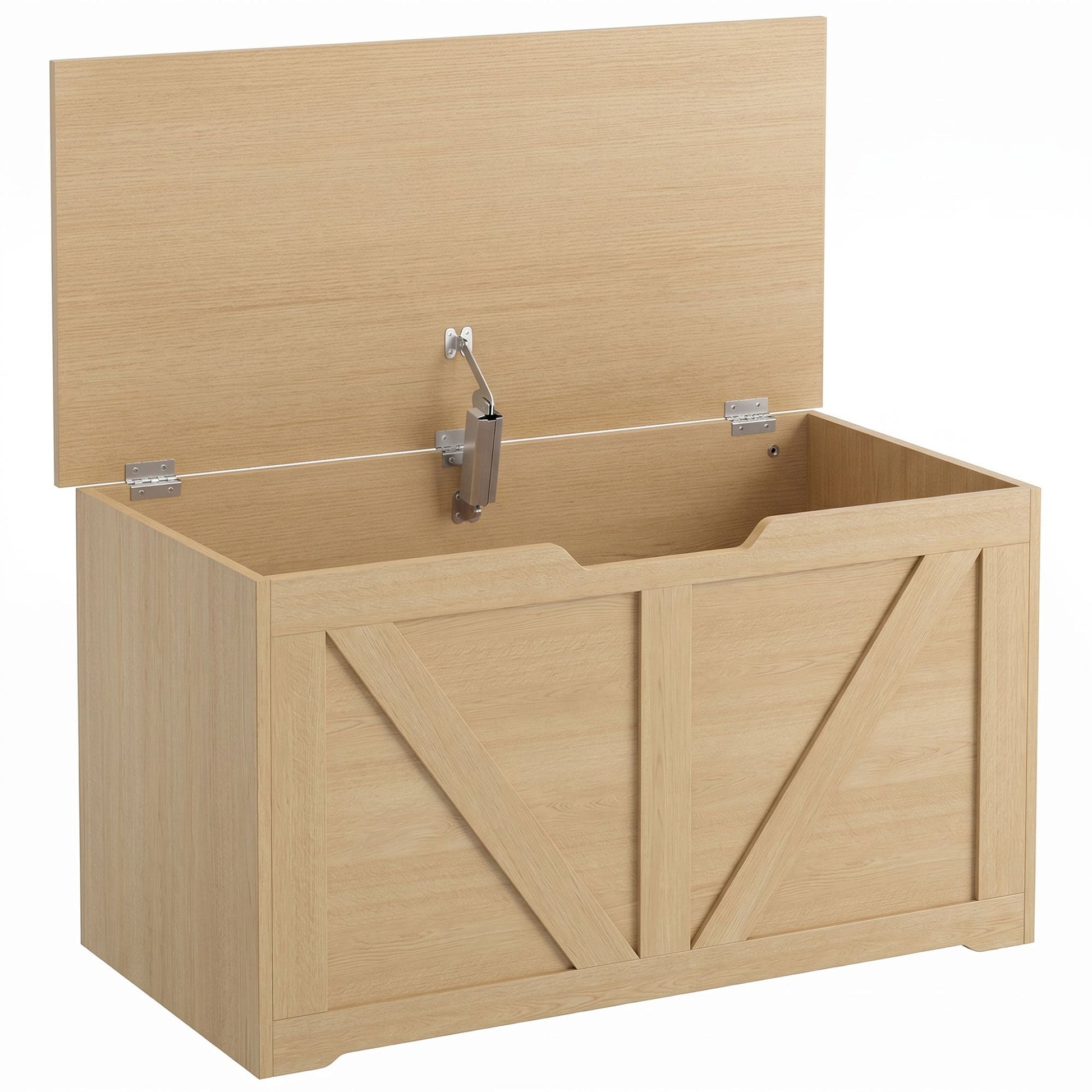 100L Storage Chest, Shoe Storage Trunk Bench Box with Safety Hinge and U-shaped Cut-out Pull, Blanket Box Ottoman for Bedroom, Living Room, Entryway, 80 x 40 x 45 cm, Nature Wood Finish