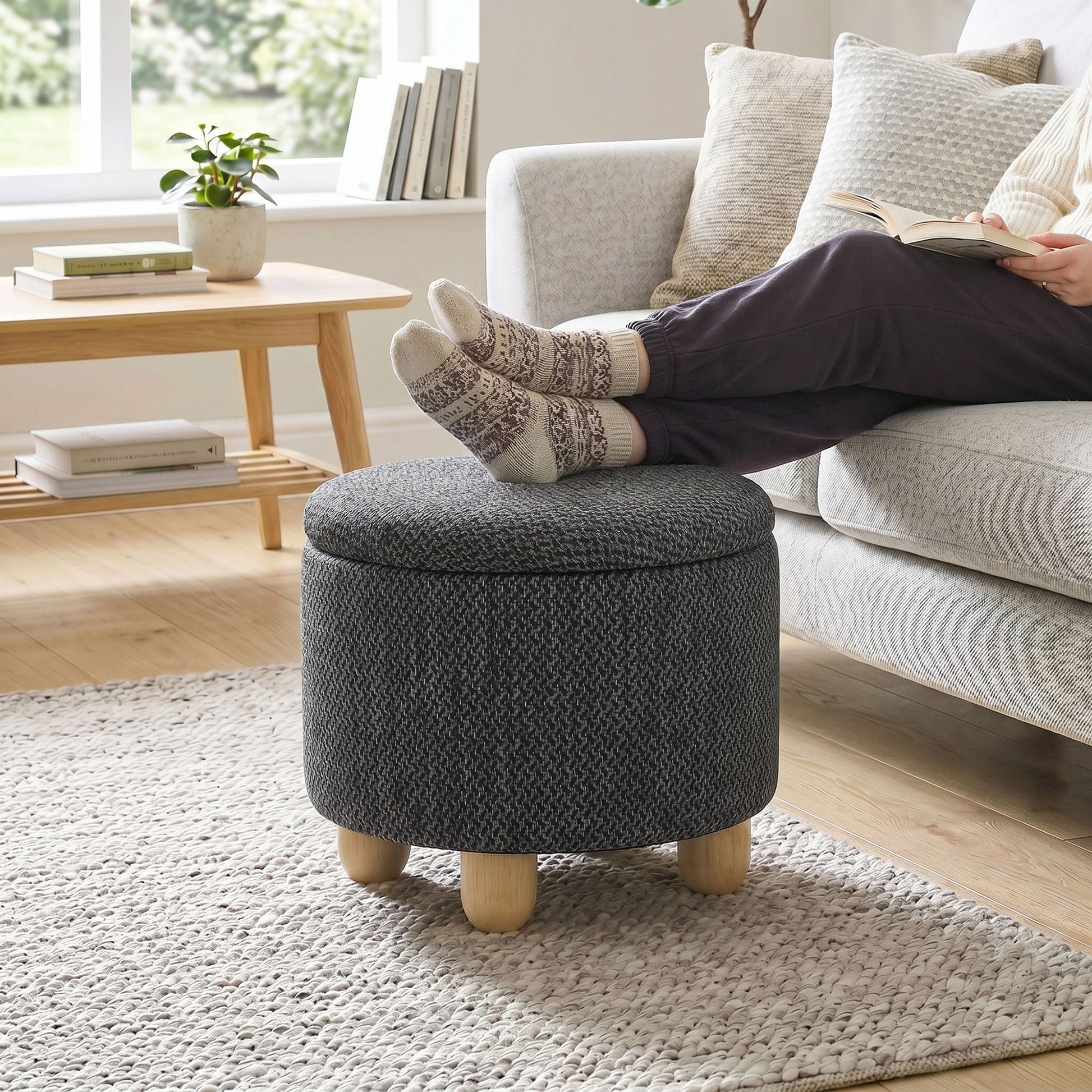 Storage Ottoman, Burlap Fabric Round Small Ottoman Foot Rest with Lid, Rubberwood Legs, End of Bed Bench Footstool for Bedroom, Hallway, Living Room, 38.5 x 38.5 cm, Dark Grey