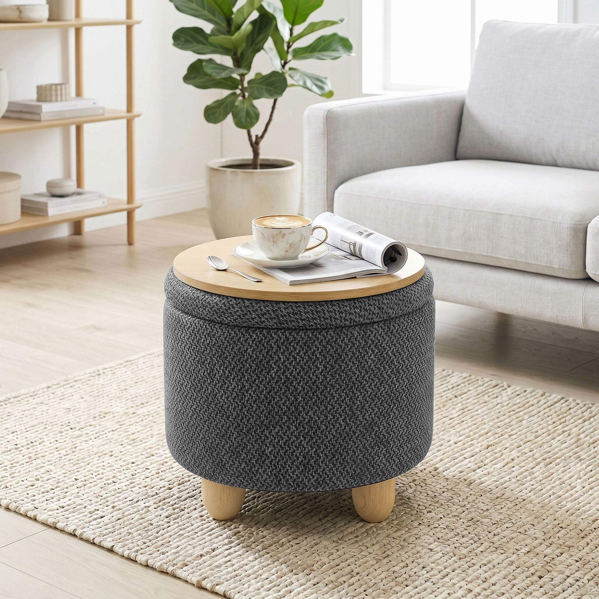 Storage Ottoman, Burlap Fabric Round Small Ottoman Foot Rest with Lid, Rubberwood Legs, End of Bed Bench Footstool for Bedroom, Hallway, Living Room, 38.5 x 38.5 cm, Dark Grey