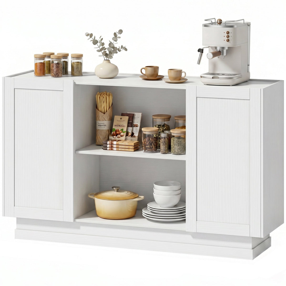 Sideboard Buffet Cabinet, 133 cm Modern Farmhouse Storage Cabinet with 2 Open Shelves, 2 Cupboards and Soft Close Doors for Dining Room, Living Room, White