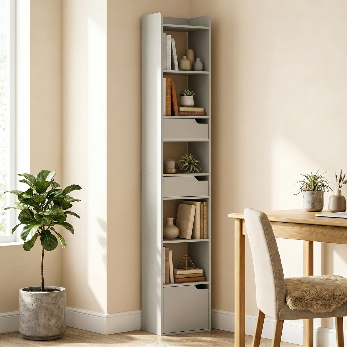 Bookcase with Drawers and Cabinet, 5-Tier Bookshelf, Narrow Tall Storage Cabinet with Anti-Tip for Living Room, Study, Home Office, Grey