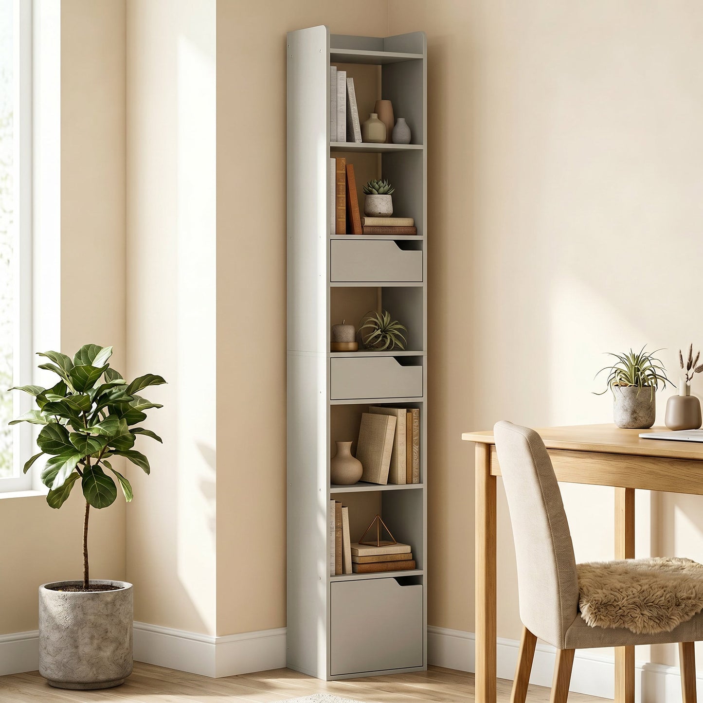 Bookcase with Drawers and Cabinet, 5-Tier Bookshelf, Narrow Tall Storage Cabinet with Anti-Tip for Living Room, Study, Home Office, Grey