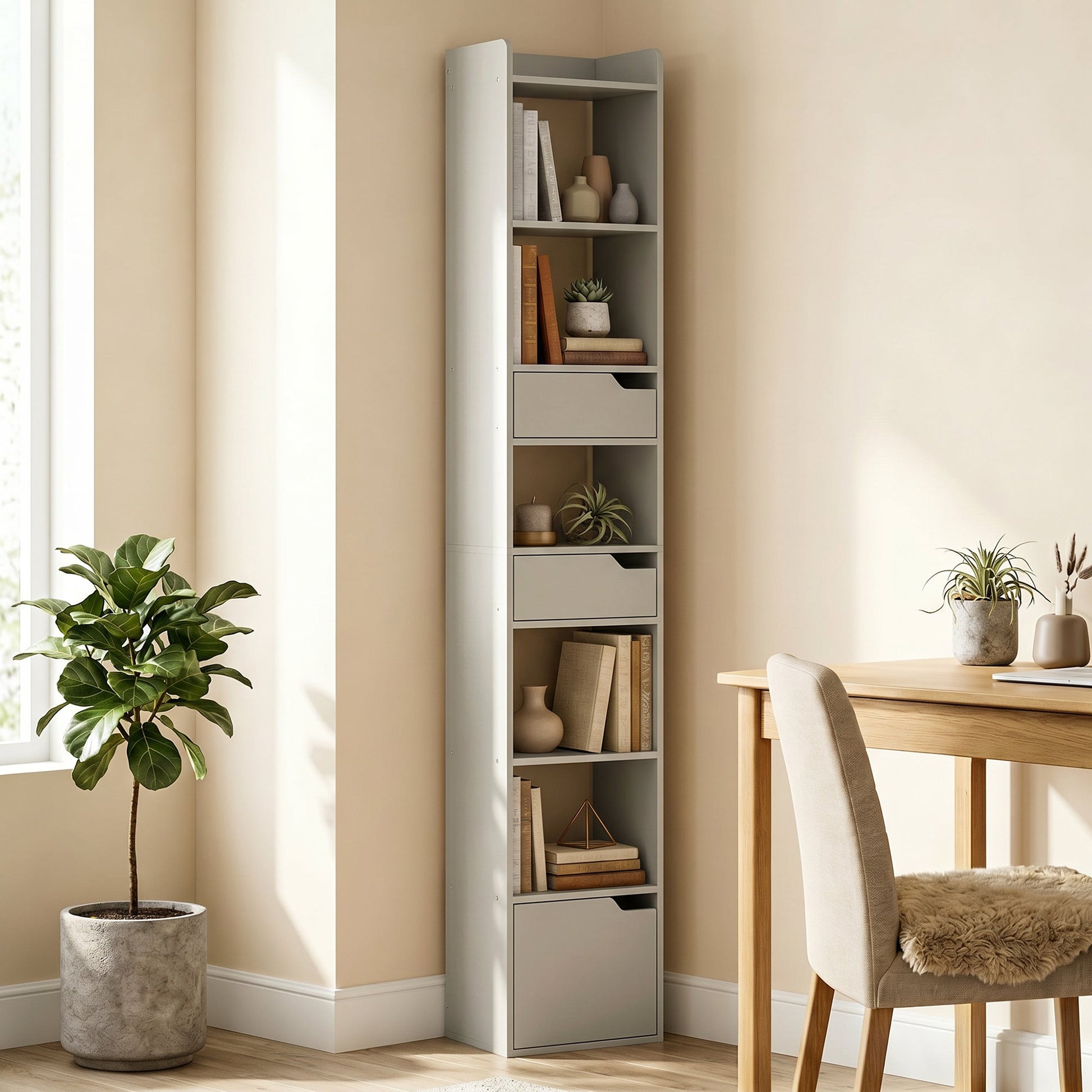 Bookcase with Drawers and Cabinet, 5-Tier Bookshelf, Narrow Tall Storage Cabinet with Anti-Tip for Living Room, Study, Home Office, Grey