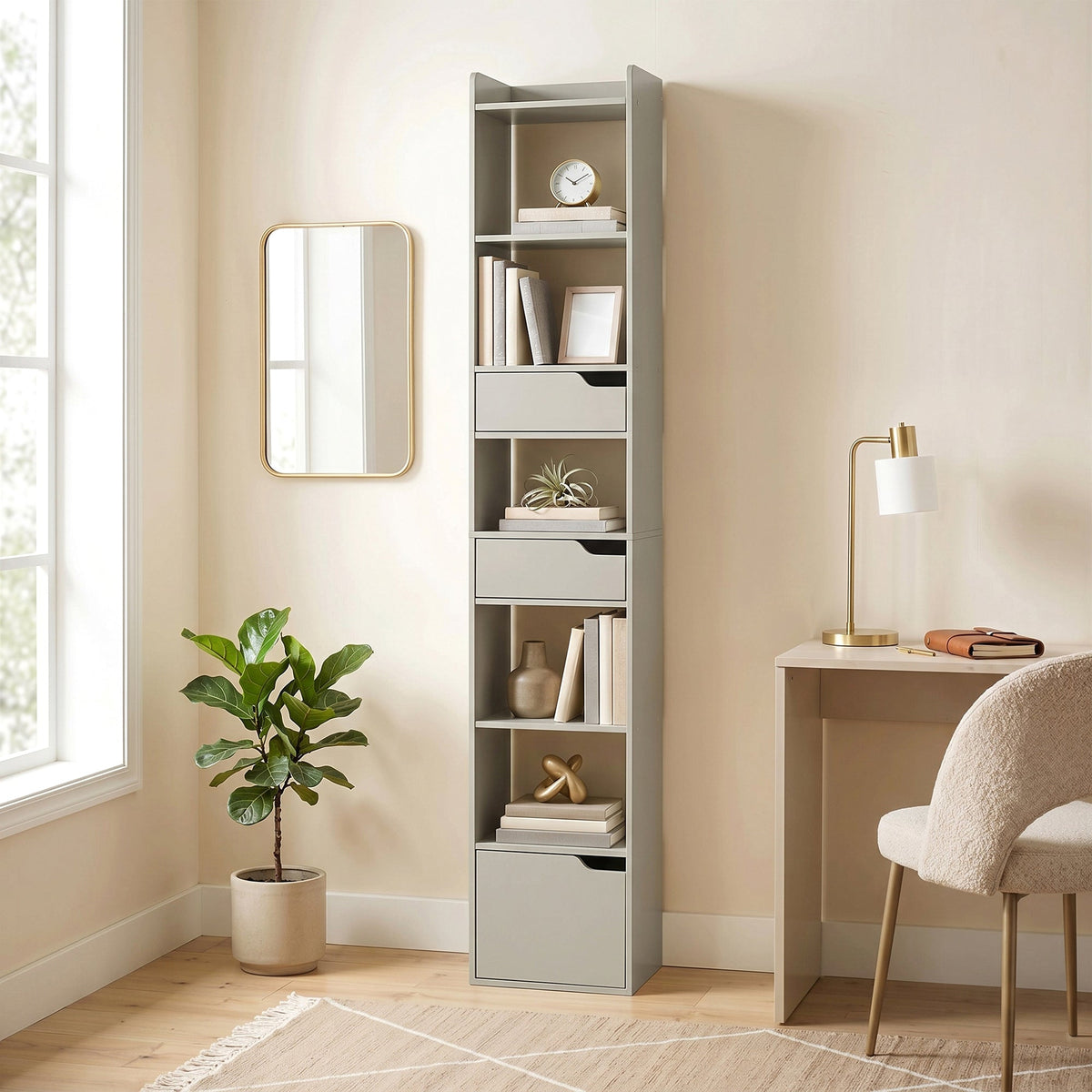 Bookcase with Drawers and Cabinet, 5-Tier Bookshelf, Narrow Tall Storage Cabinet with Anti-Tip for Living Room, Study, Home Office, Grey