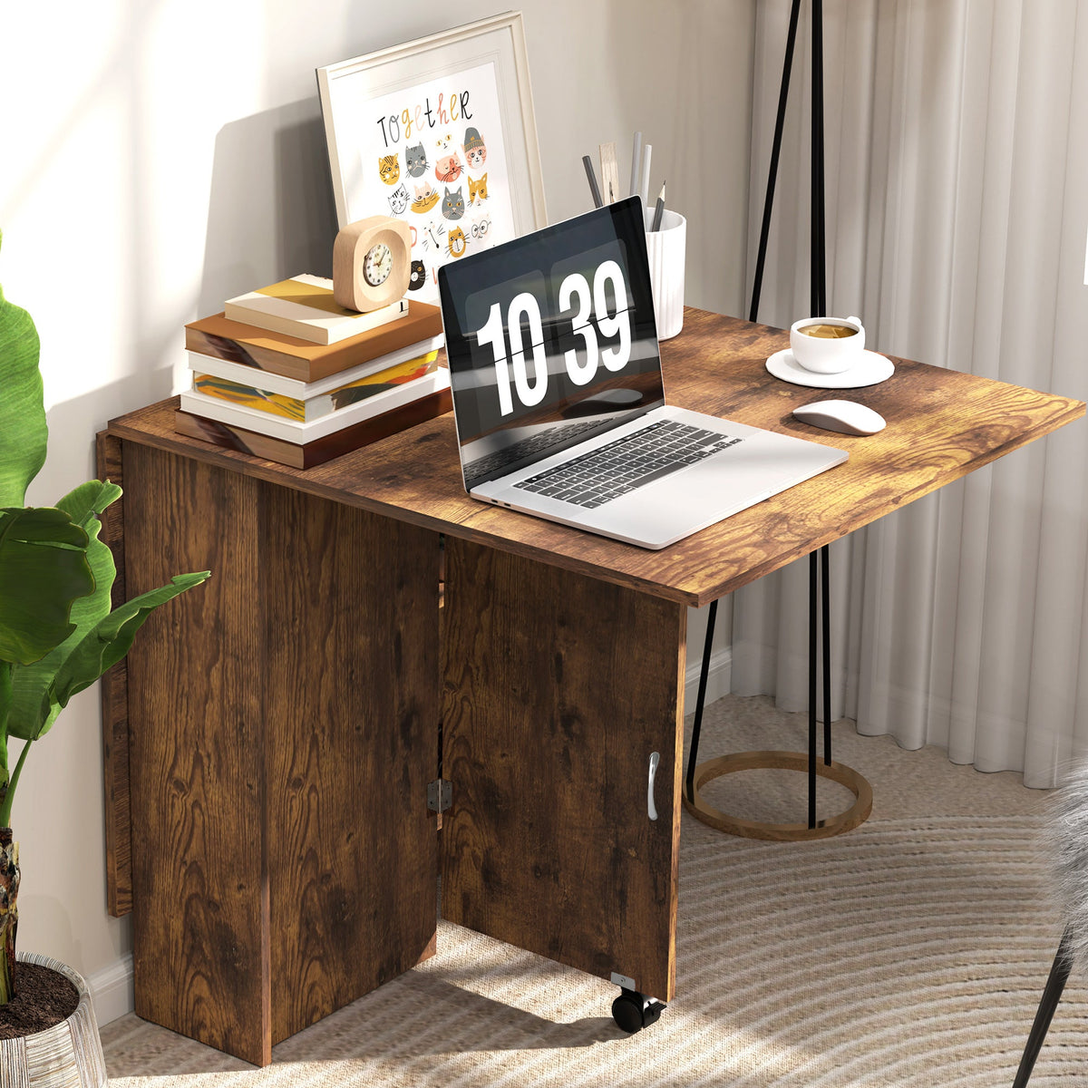 80-140 cm Folding Dining Table for 4-6 People, Drop Leaf Table with 2-Tier Shelves, Rolling Casters, for Small Spaces, Kitchen, Flat, Dining Room, Rustic Brown