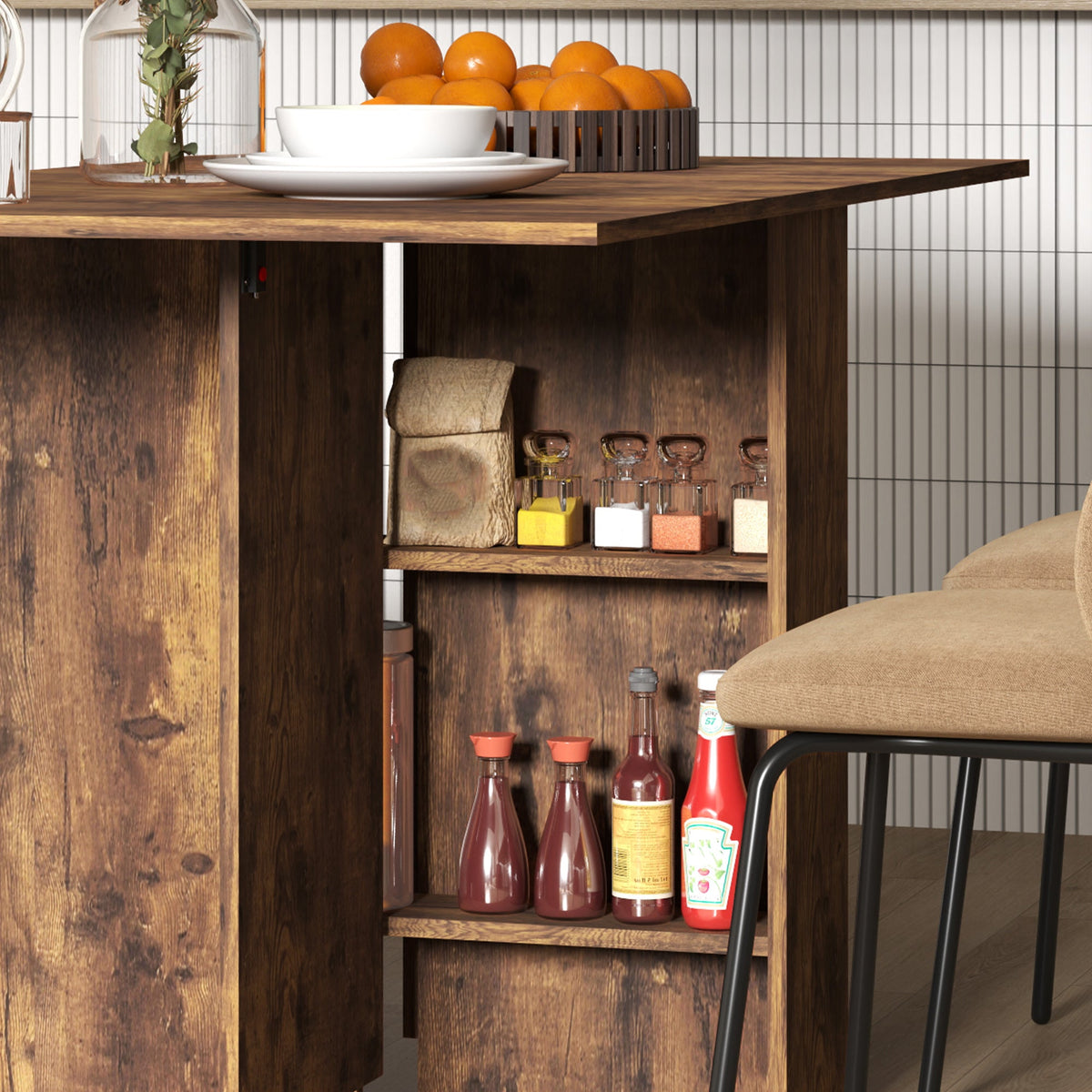 80-140 cm Folding Dining Table for 4-6 People, Drop Leaf Table with 2-Tier Shelves, Rolling Casters, for Small Spaces, Kitchen, Flat, Dining Room, Rustic Brown