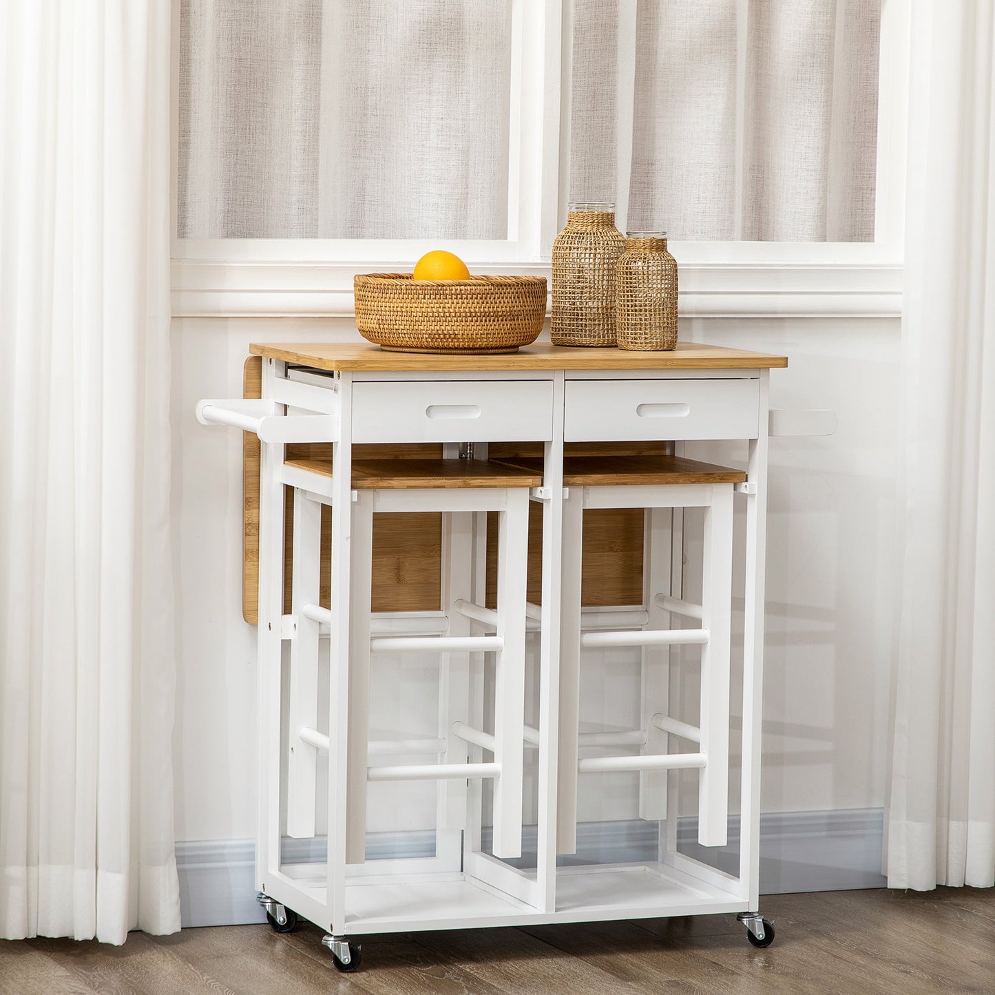 HOMCOM Kitchen Island Set with 2 Stools, Bamboo Breakfast Cart with Drop Leaf Top, Drawers and Towel Rack, Rolling Kitchen Cart and Chairs Set, White