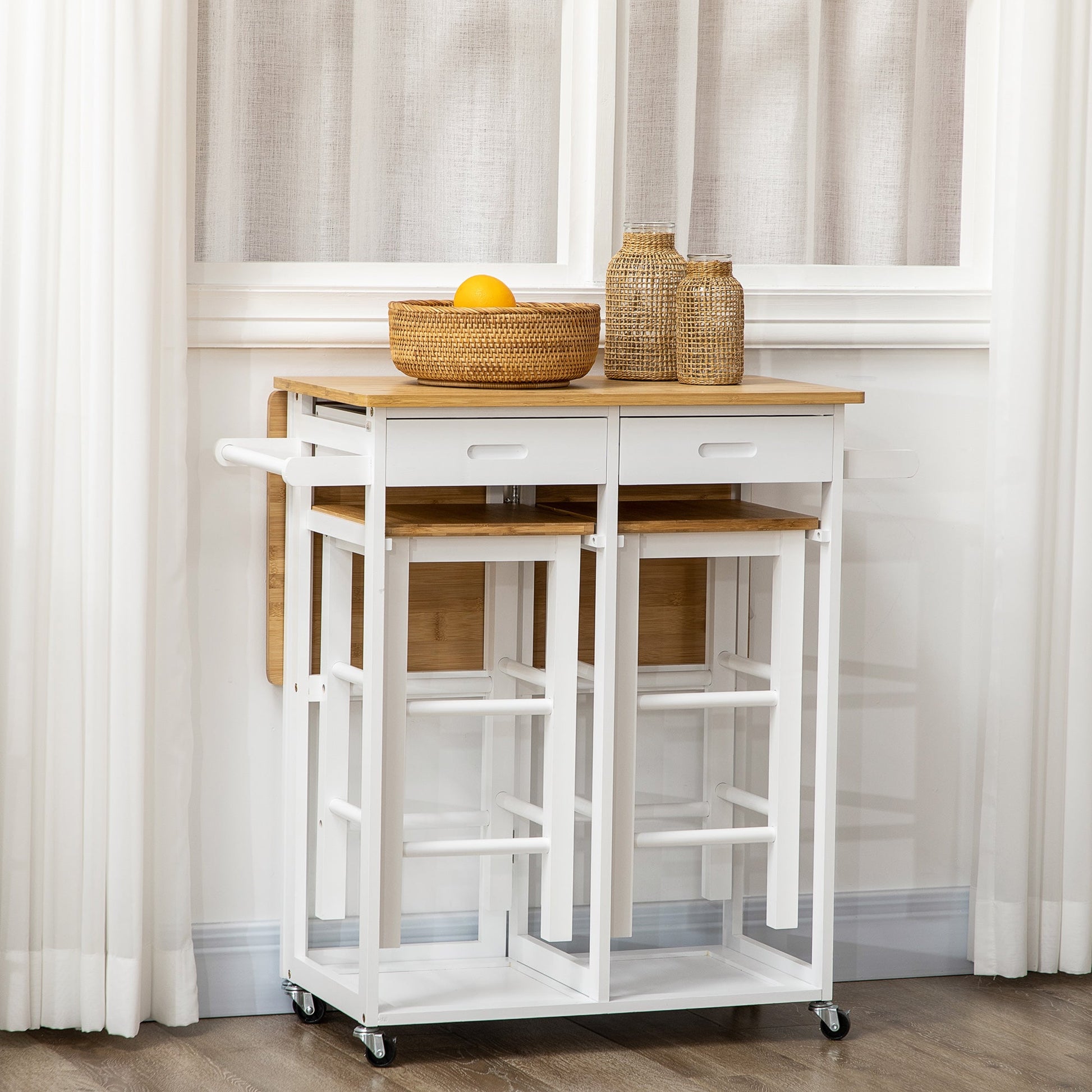 HOMCOM Kitchen Island Set with 2 Stools, Bamboo Breakfast Cart with Drop Leaf Top, Drawers and Towel Rack, Rolling Kitchen Cart and Chairs Set, White