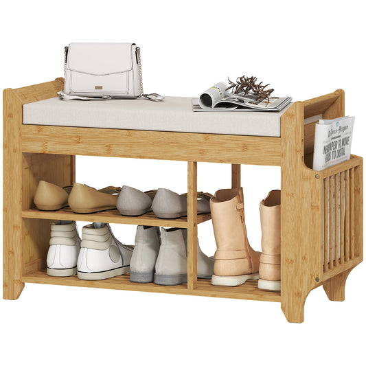 Shoe Bench with Cushioned Seat, Shoe Storage Bench with Side Holder and Boot Section, 2-Tier Natural Bamboo Entryway Rack for Hallway, Living Room, 100 x 30 x 50 cm, Natural and Cream