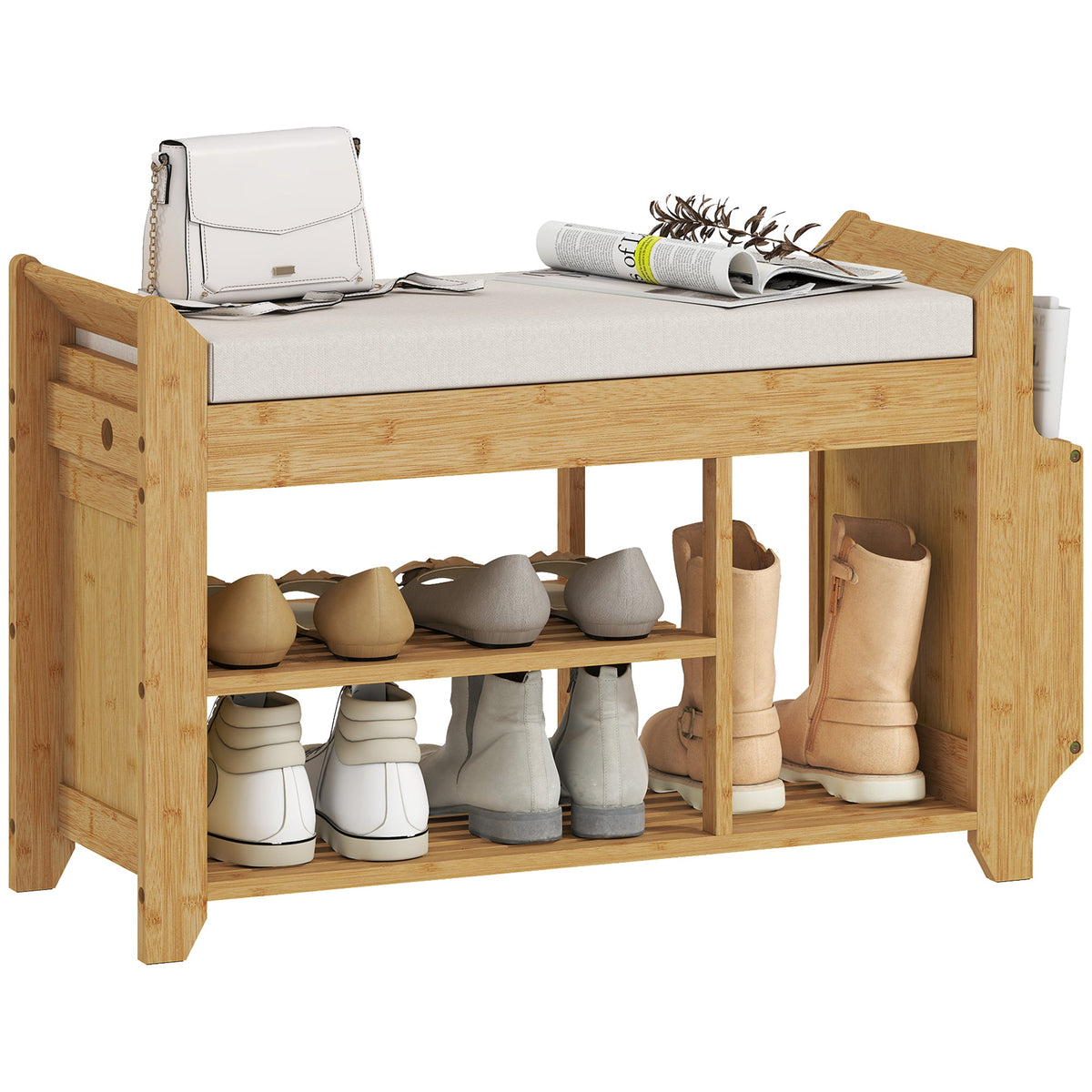 Shoe Bench with Cushioned Seat, Shoe Storage Bench with Side Holder and Boot Section, 2-Tier Natural Bamboo Entryway Rack for Hallway, Living Room, 100 x 30 x 50 cm, Natural and Cream