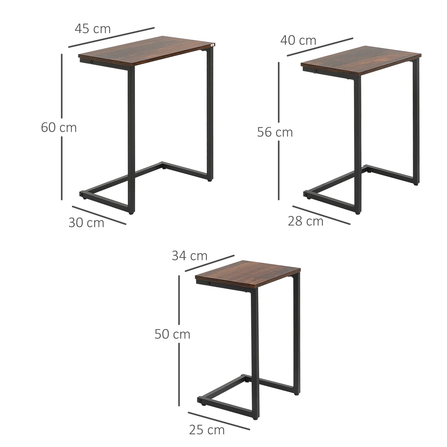 HOMCOM Nesting Side Tables Set of 3, C-Shaped Sofa Side Tables with Steel Frame for Sofa Couch and Bed, Rustic Brown