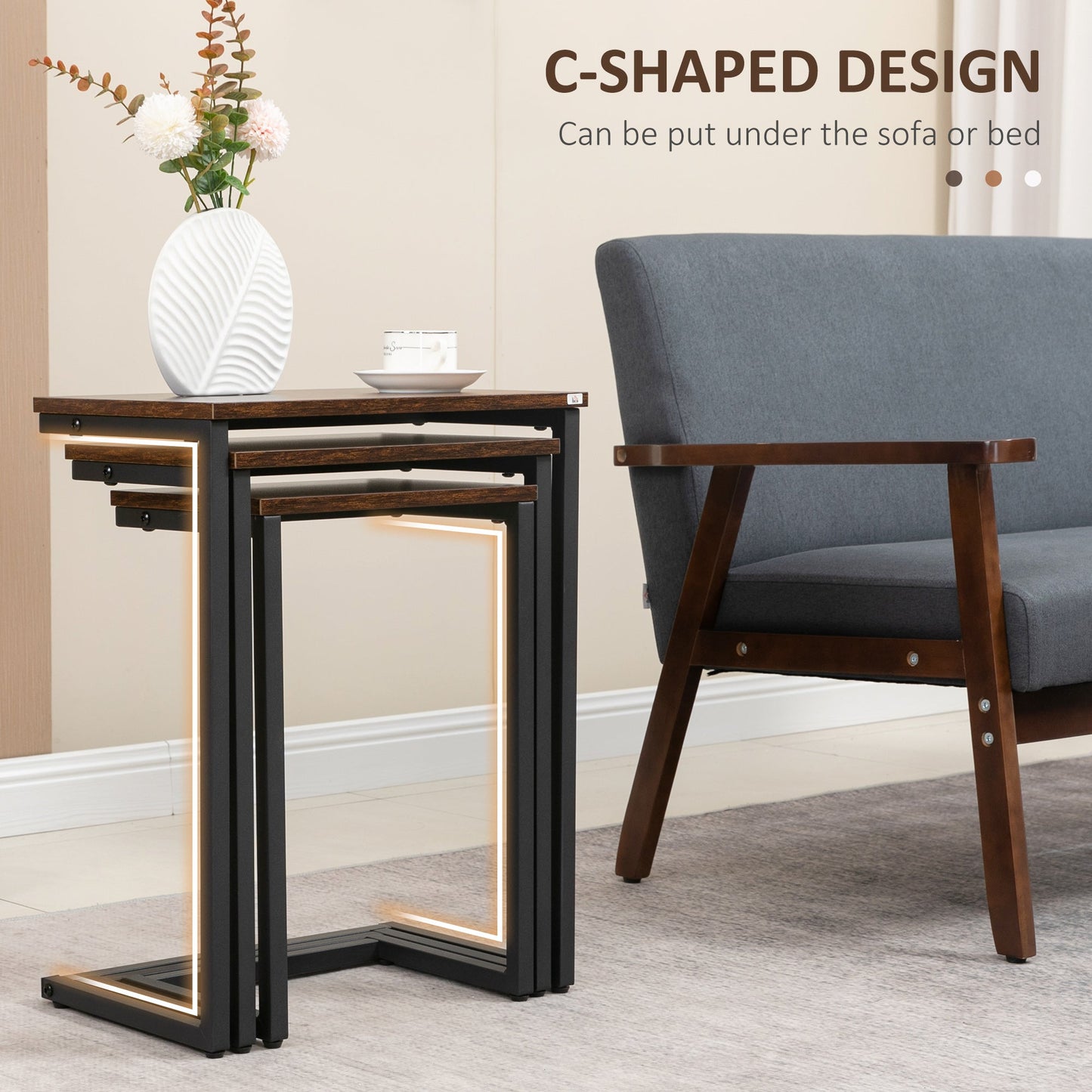 HOMCOM Nesting Side Tables Set of 3, C-Shaped Sofa Side Tables with Steel Frame for Sofa Couch and Bed, Rustic Brown