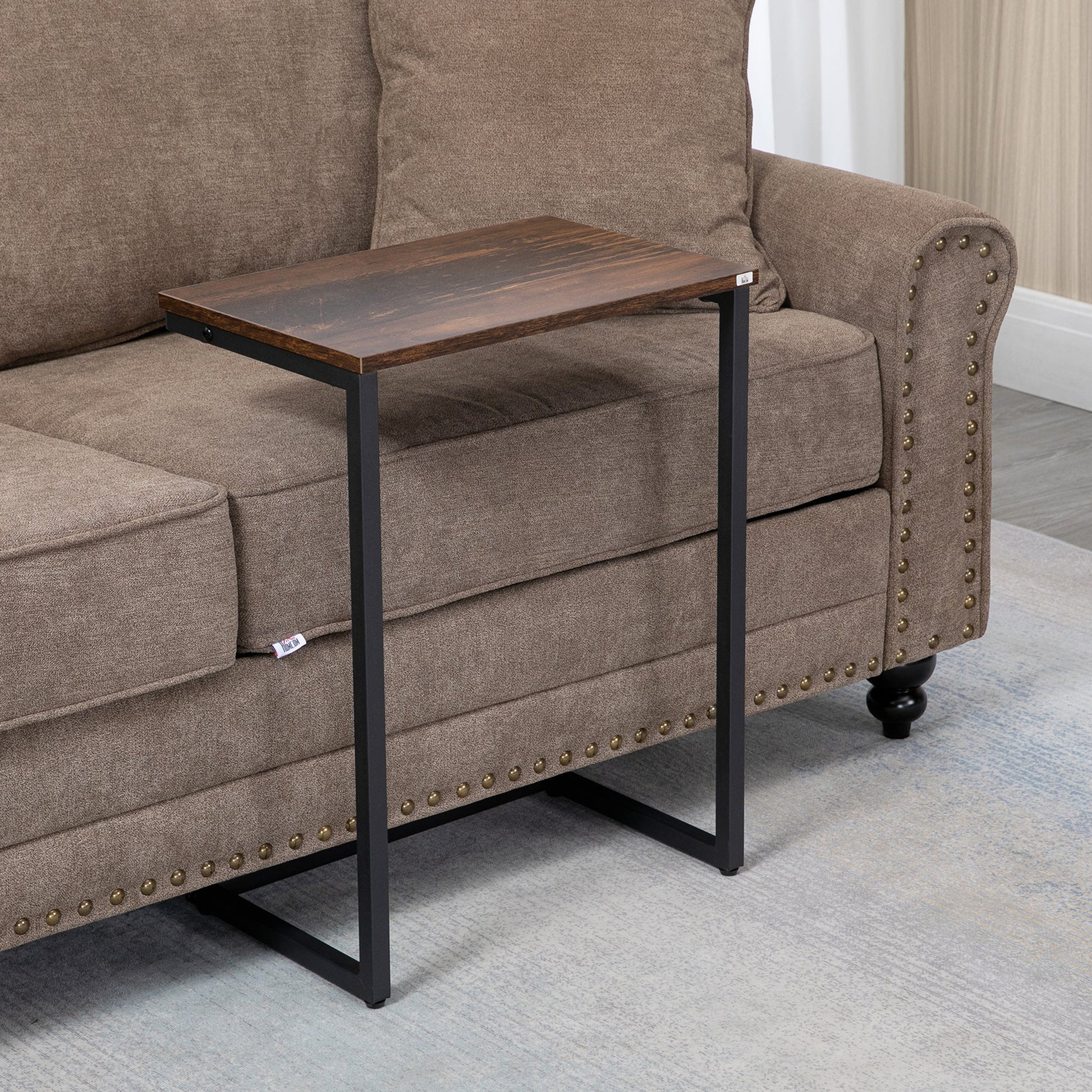HOMCOM Nesting Side Tables Set of 3, C-Shaped Sofa Side Tables with Steel Frame for Sofa Couch and Bed, Rustic Brown