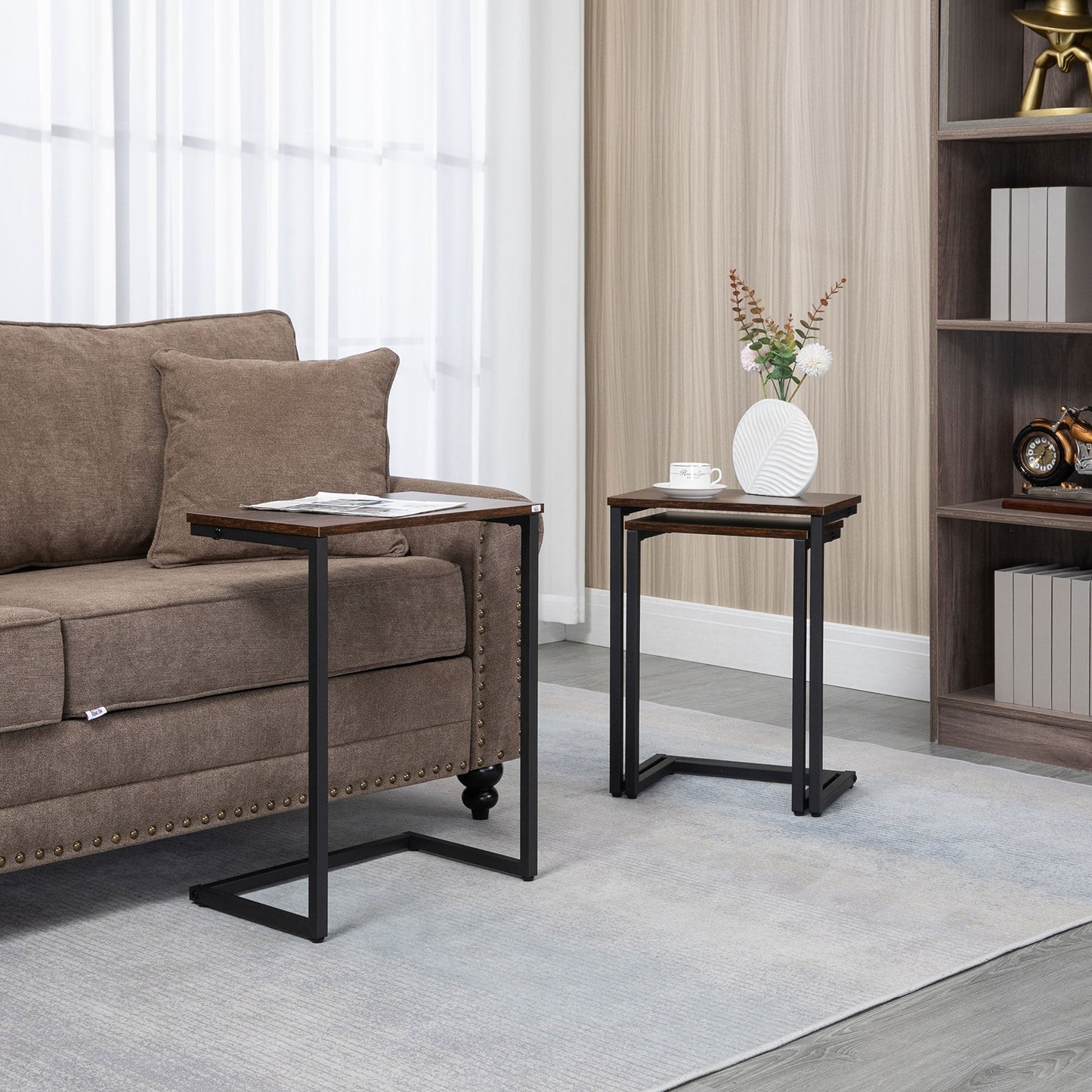 HOMCOM Nesting Side Tables Set of 3, C-Shaped Sofa Side Tables with Steel Frame for Sofa Couch and Bed, Rustic Brown