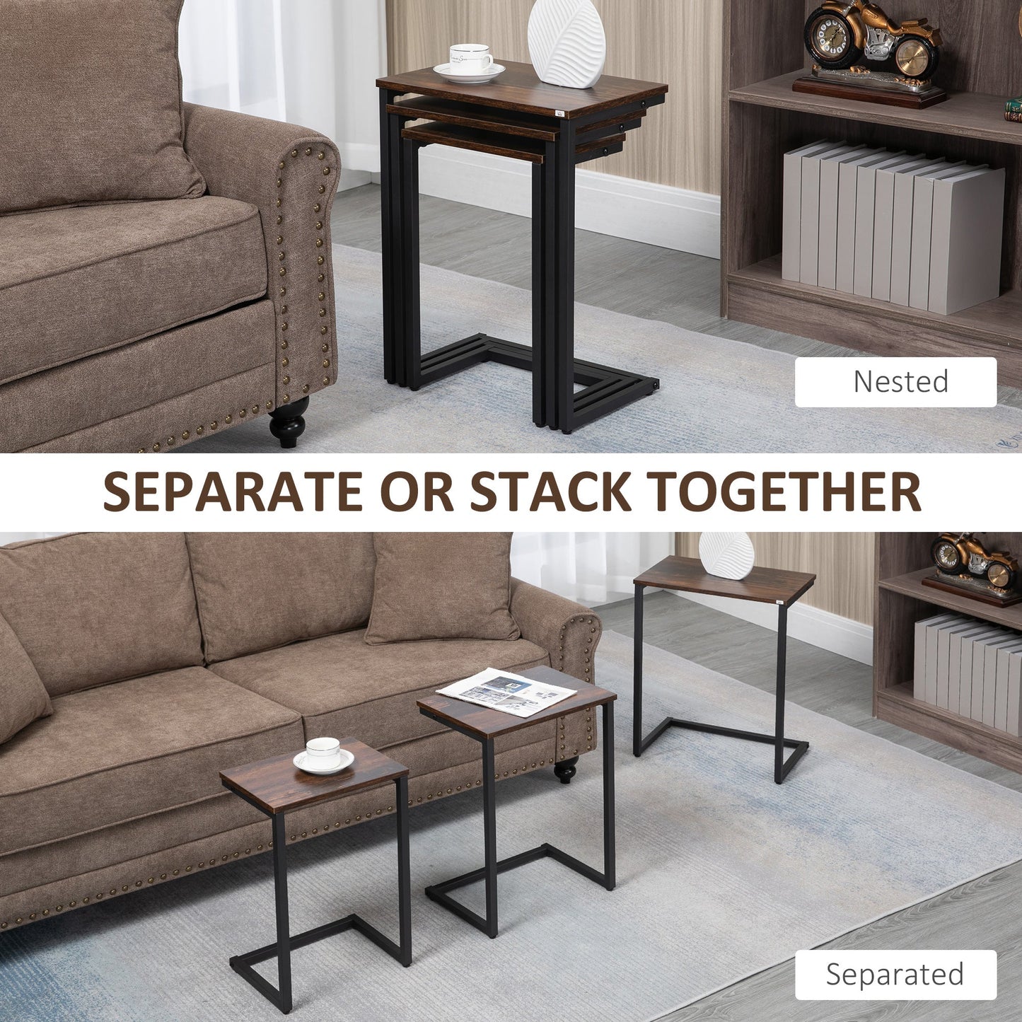 HOMCOM Nesting Side Tables Set of 3, C-Shaped Sofa Side Tables with Steel Frame for Sofa Couch and Bed, Rustic Brown