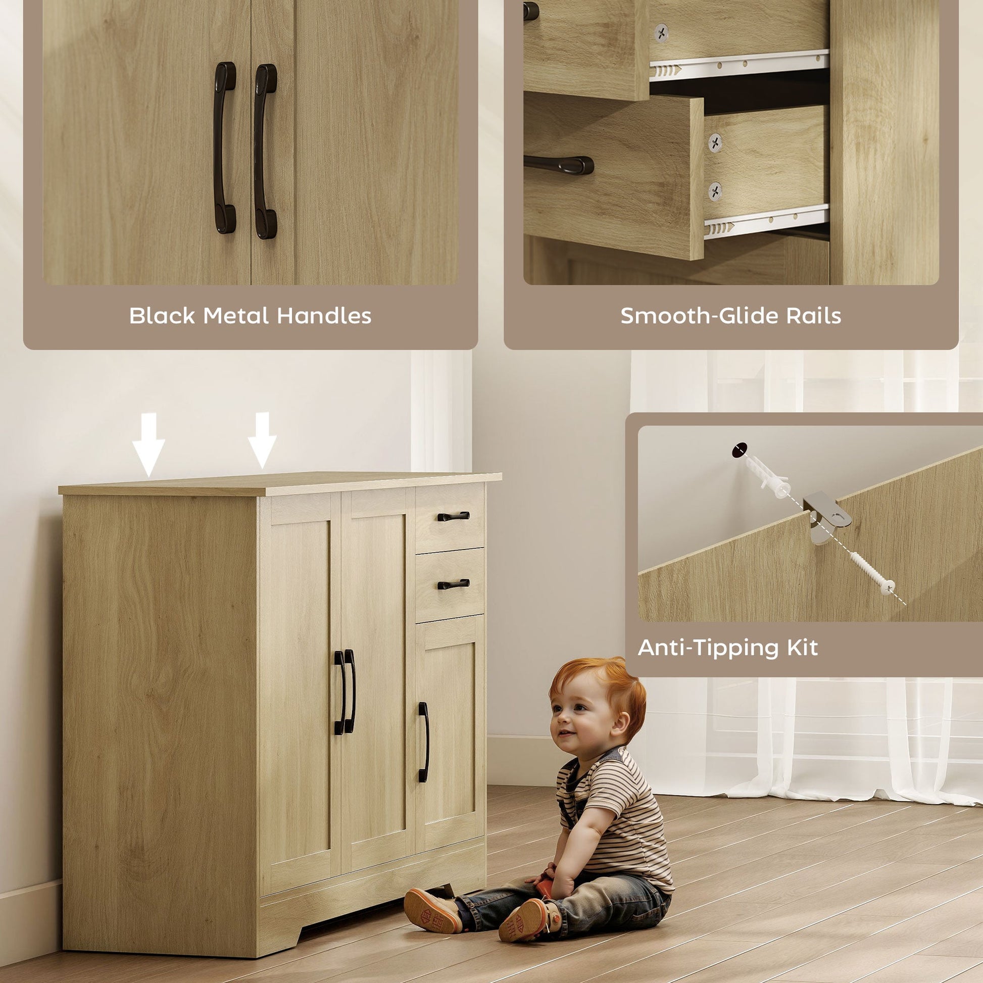 Sideboard with Soft-Close Doors, Modern Storage Cabinet, Kitchen Cupboard with 2 Drawers, Adjustable Shelf and 3 Doors for Dining Room, Living Room, Natural Wood Finish