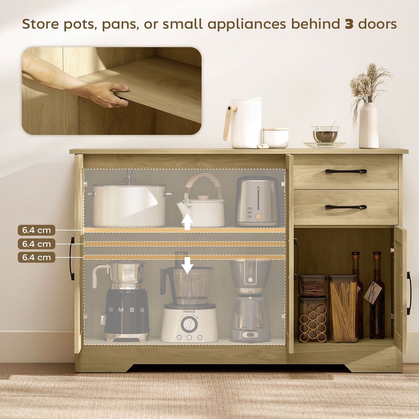 Sideboard with Soft-Close Doors, Modern Storage Cabinet, Kitchen Cupboard with 2 Drawers, Adjustable Shelf and 3 Doors for Dining Room, Living Room, Natural Wood Finish