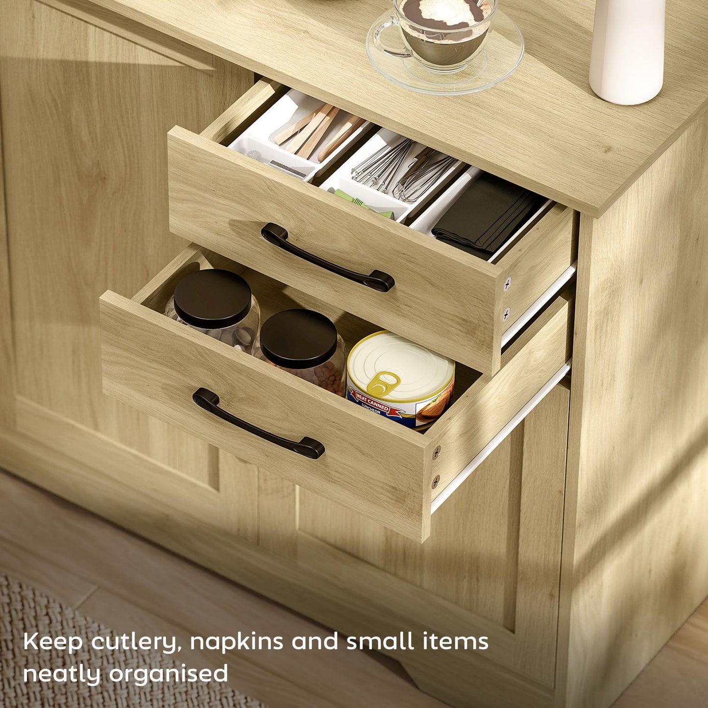 Sideboard with Soft-Close Doors, Modern Storage Cabinet, Kitchen Cupboard with 2 Drawers, Adjustable Shelf and 3 Doors for Dining Room, Living Room, Natural Wood Finish