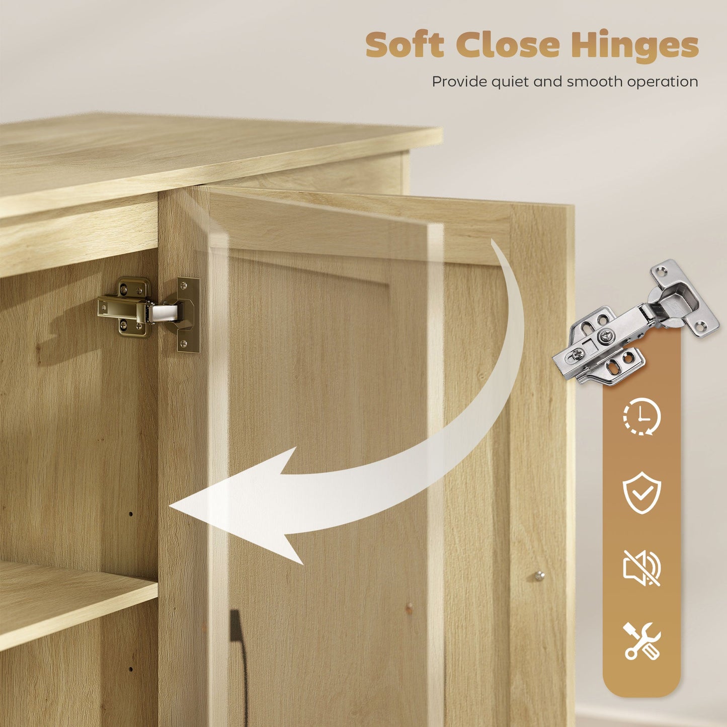 Sideboard with Soft-Close Doors, Modern Storage Cabinet, Kitchen Cupboard with 2 Drawers, Adjustable Shelf and 3 Doors for Dining Room, Living Room, Natural Wood Finish