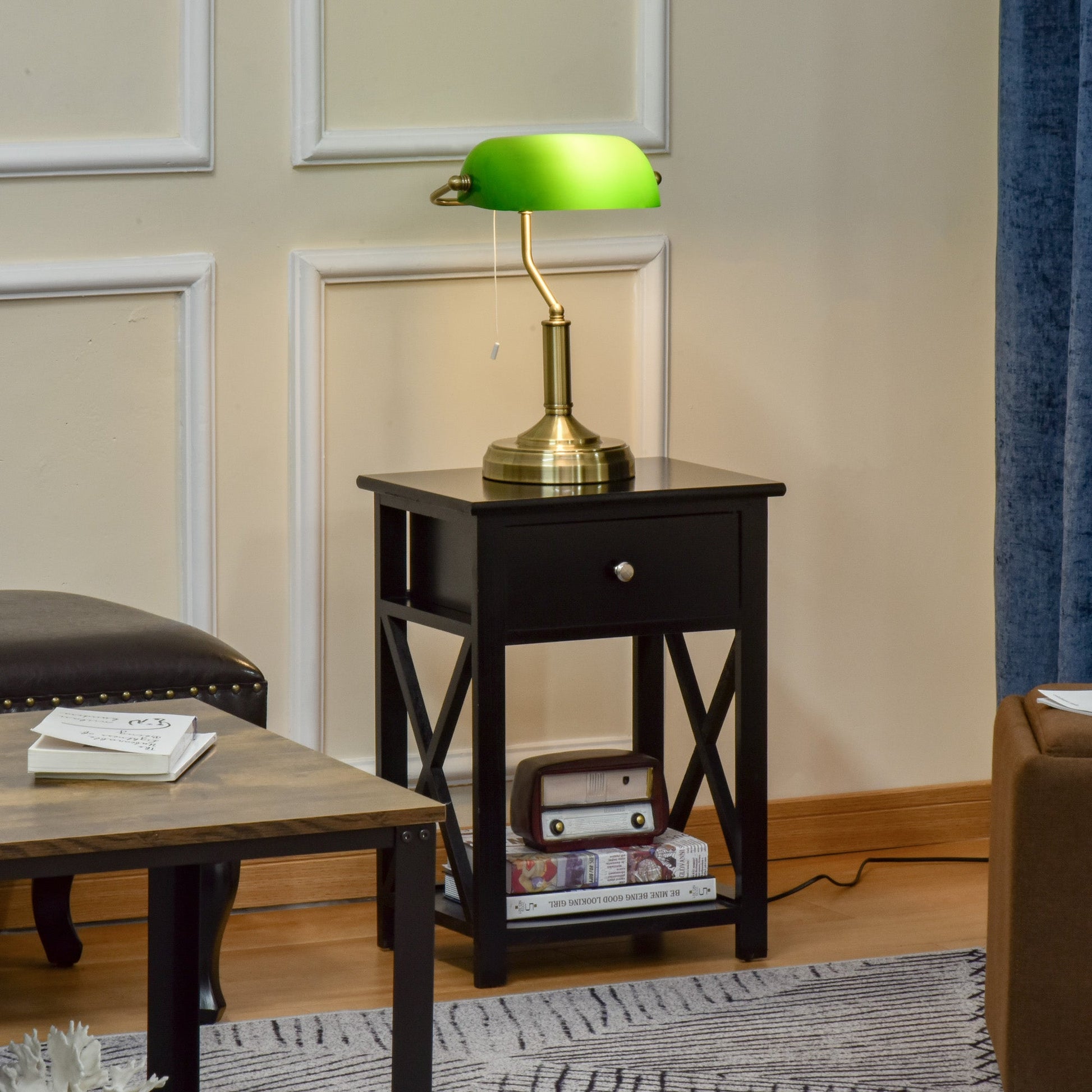 HOMCOM Banker's Table Lamp Desk Lamp with Antique Bronze Tone Base, Green Glass Shade and Pull Rope Switch for Home Office, Living Room, Bedroom, Dining Room, Green