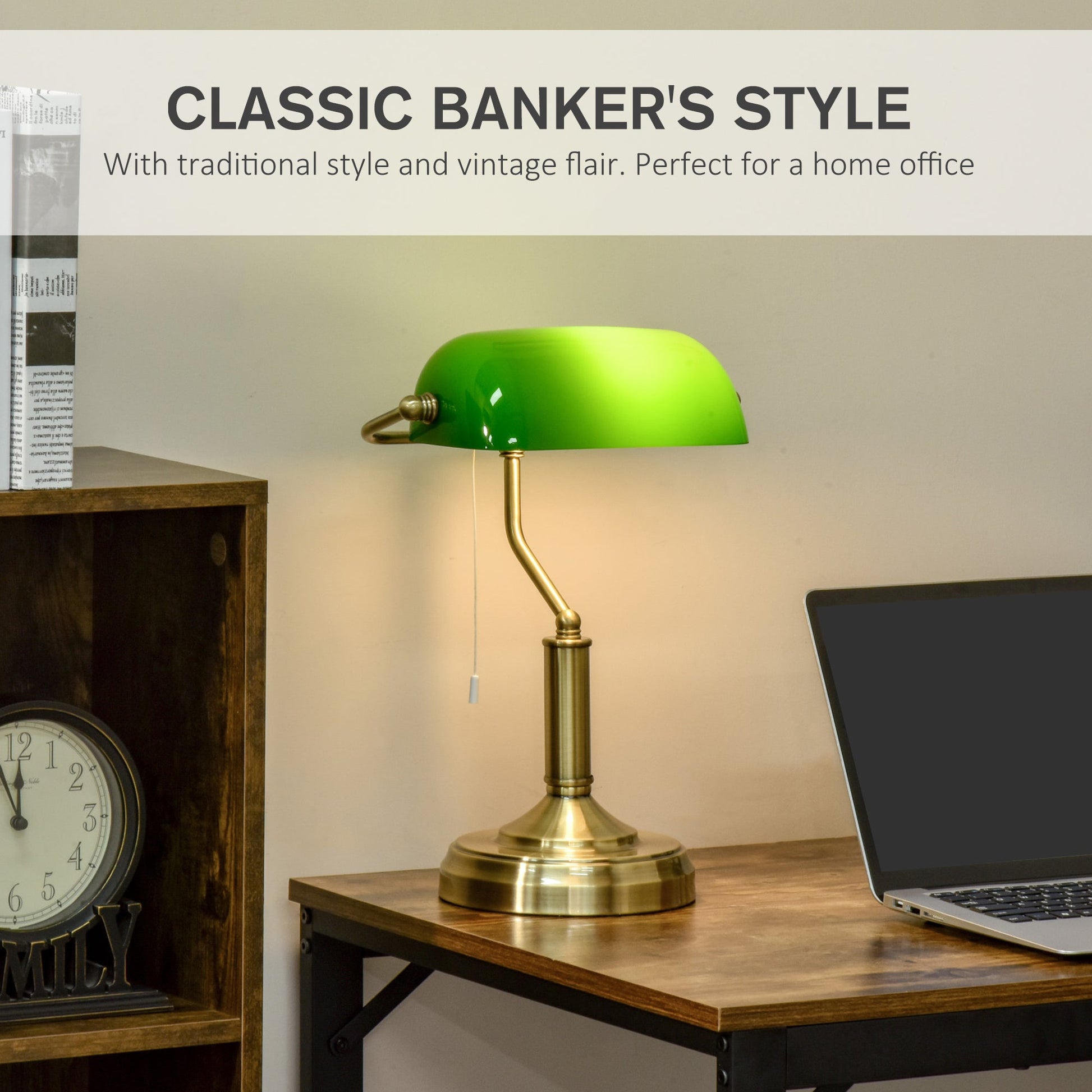 HOMCOM Banker's Table Lamp Desk Lamp with Antique Bronze Tone Base, Green Glass Shade and Pull Rope Switch for Home Office, Living Room, Bedroom, Dining Room, Green