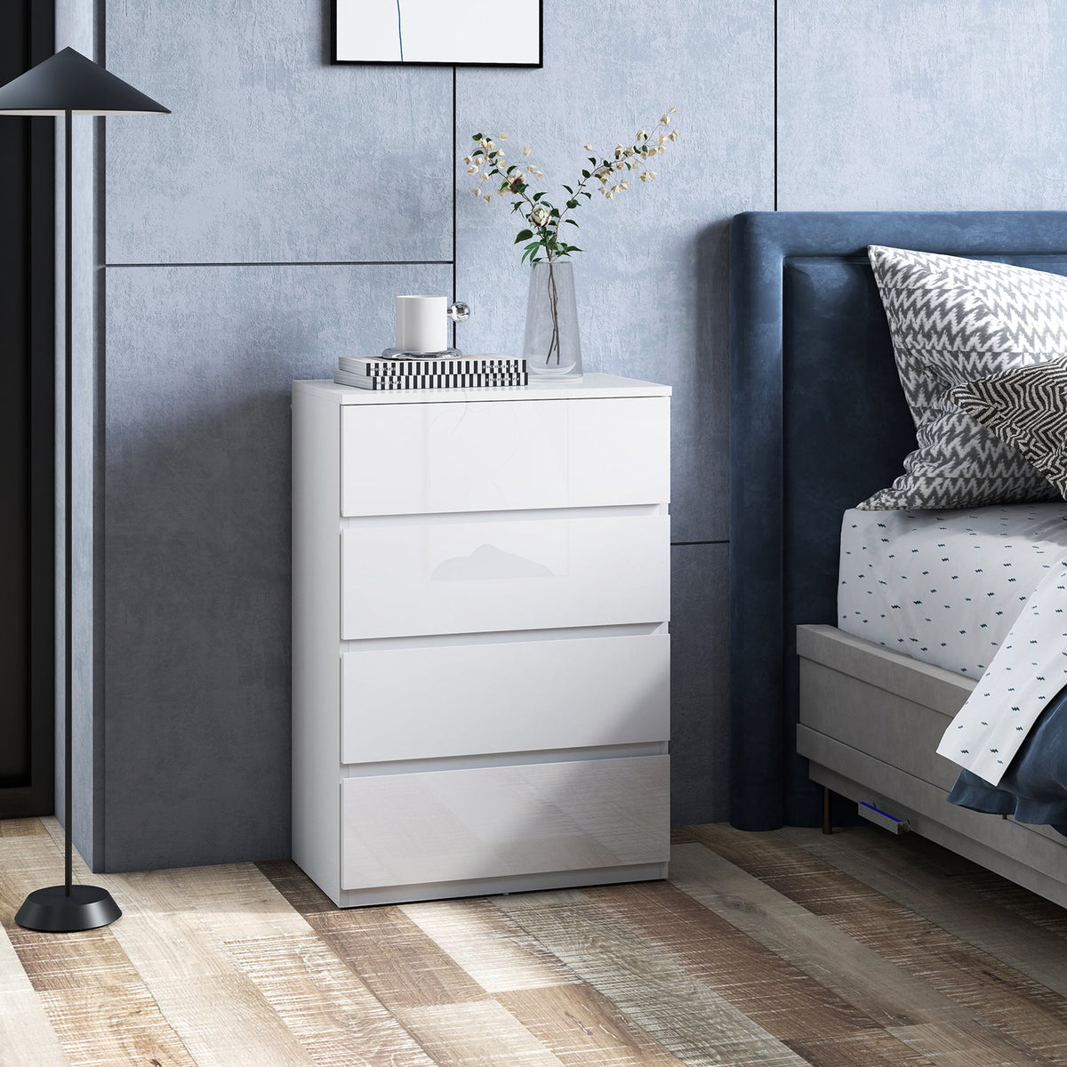 Chest of Drawers, Modern 4 Drawer Dresser with Soft Closing Mechanism for Bedroom, High Gloss White