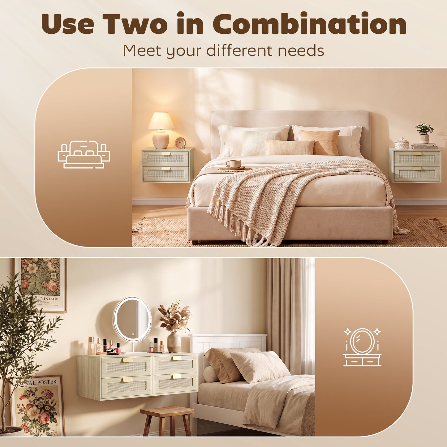 Modern Floating Nightstands Set of 2, Wall Mounted Bedside Tables with 2 Drawers, Bedside Cabinet for Bedroom Living Room, Oak