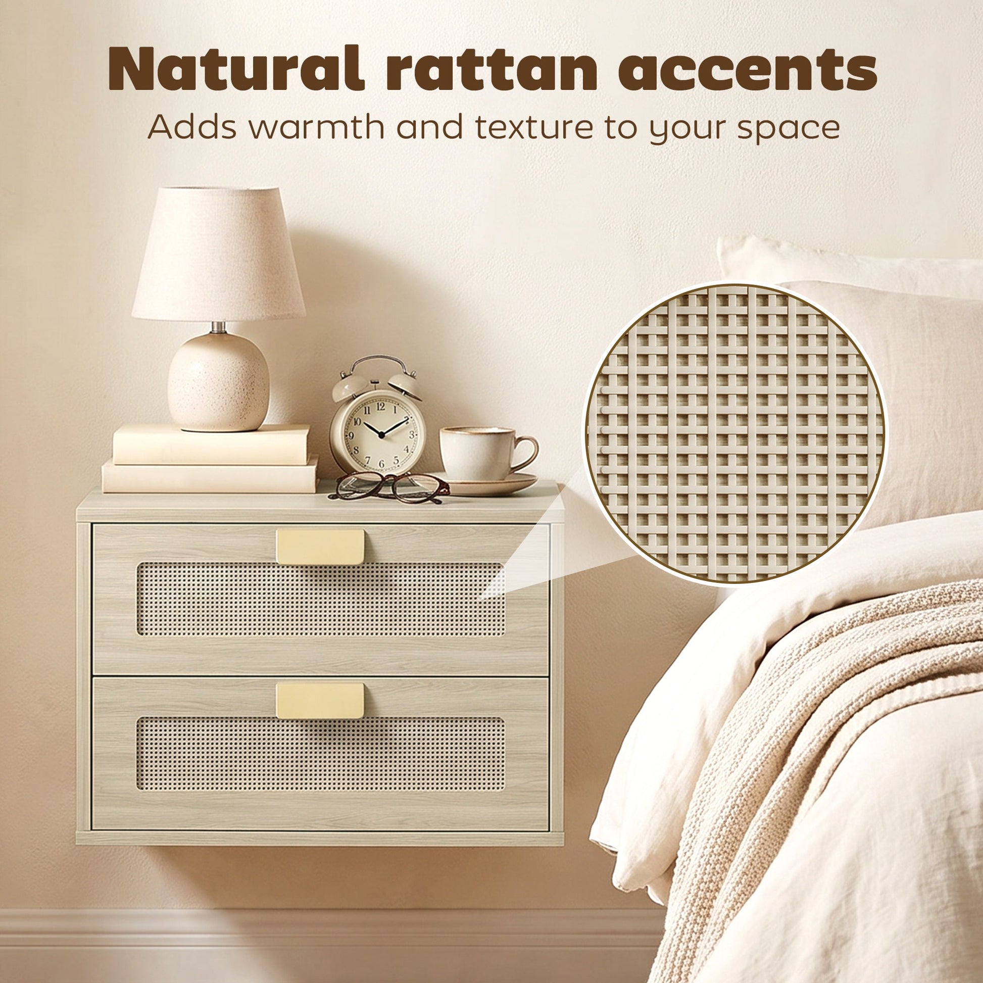 Modern Floating Nightstands Set of 2, Wall Mounted Bedside Tables with 2 Drawers, Bedside Cabinet for Bedroom Living Room, Oak