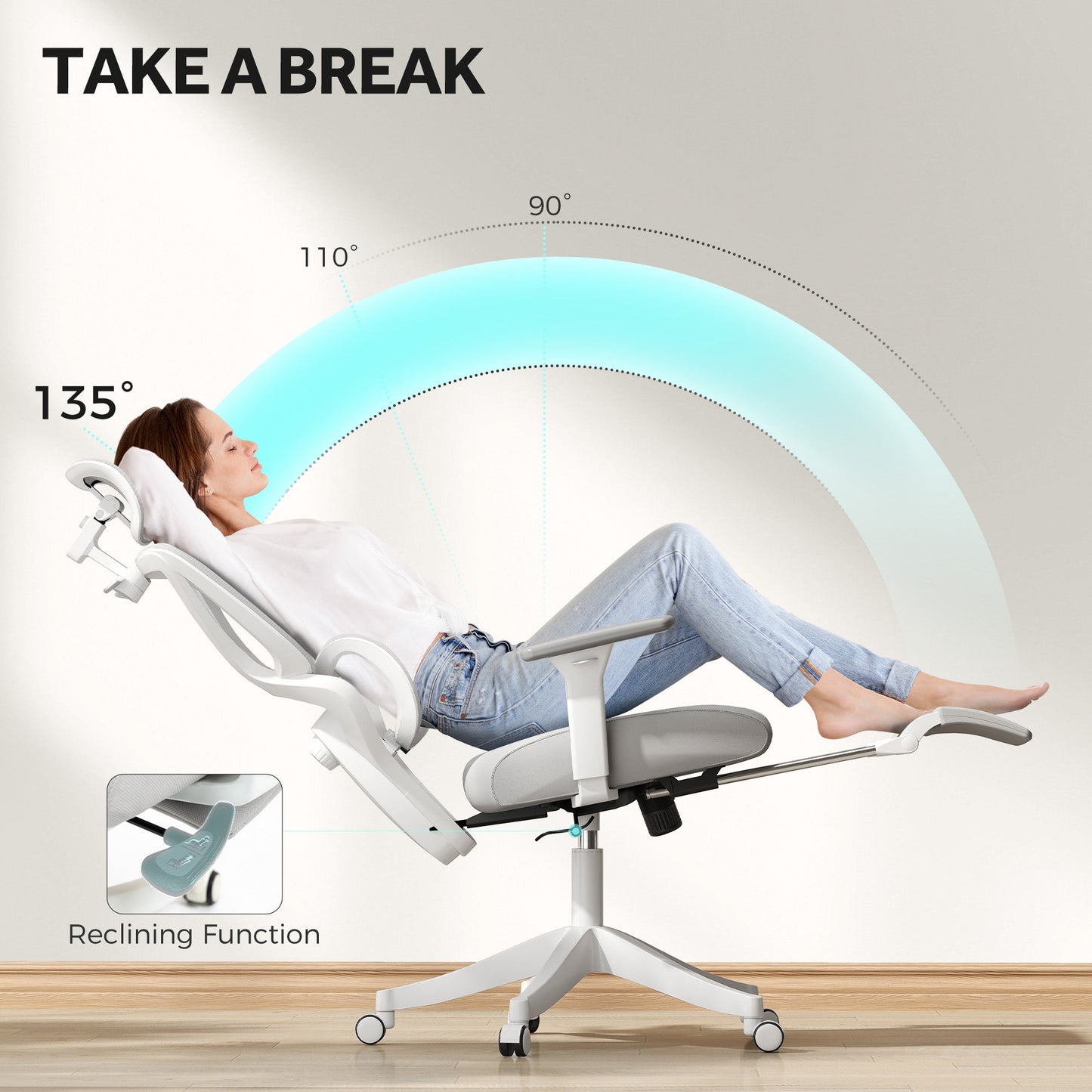 Ergonomic Office Chair, Mesh Desk Chair with 3D Armrests, Rotatable Headrest, Adjustable Lumbar Support, Coat Hanger, Footrest for Home Office, Grey