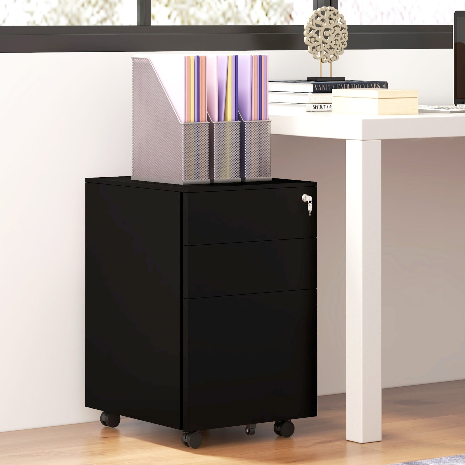 Vinsetto 3-Drawer Vertical Filing Cabinet with Pencil Tray, Lock and 5 Wheels, Steel Mobile File Cabinet, for A4, Legal and Letter Size, Pre-Assembled Body, Black