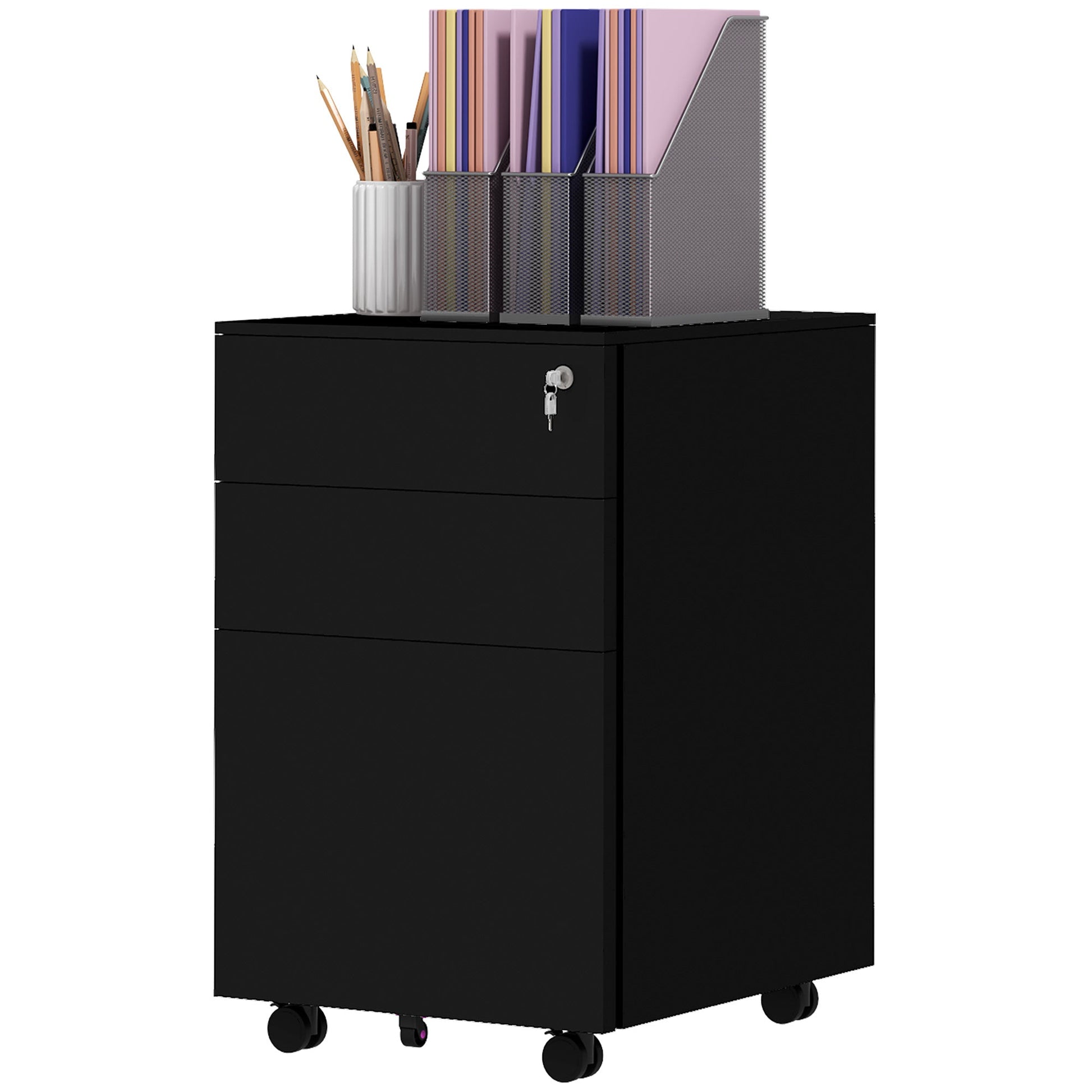 Vinsetto 3-Drawer Vertical Filing Cabinet with Pencil Tray, Lock and 5 Wheels, Steel Mobile File Cabinet, for A4, Legal and Letter Size, Pre-Assembled Body, Black