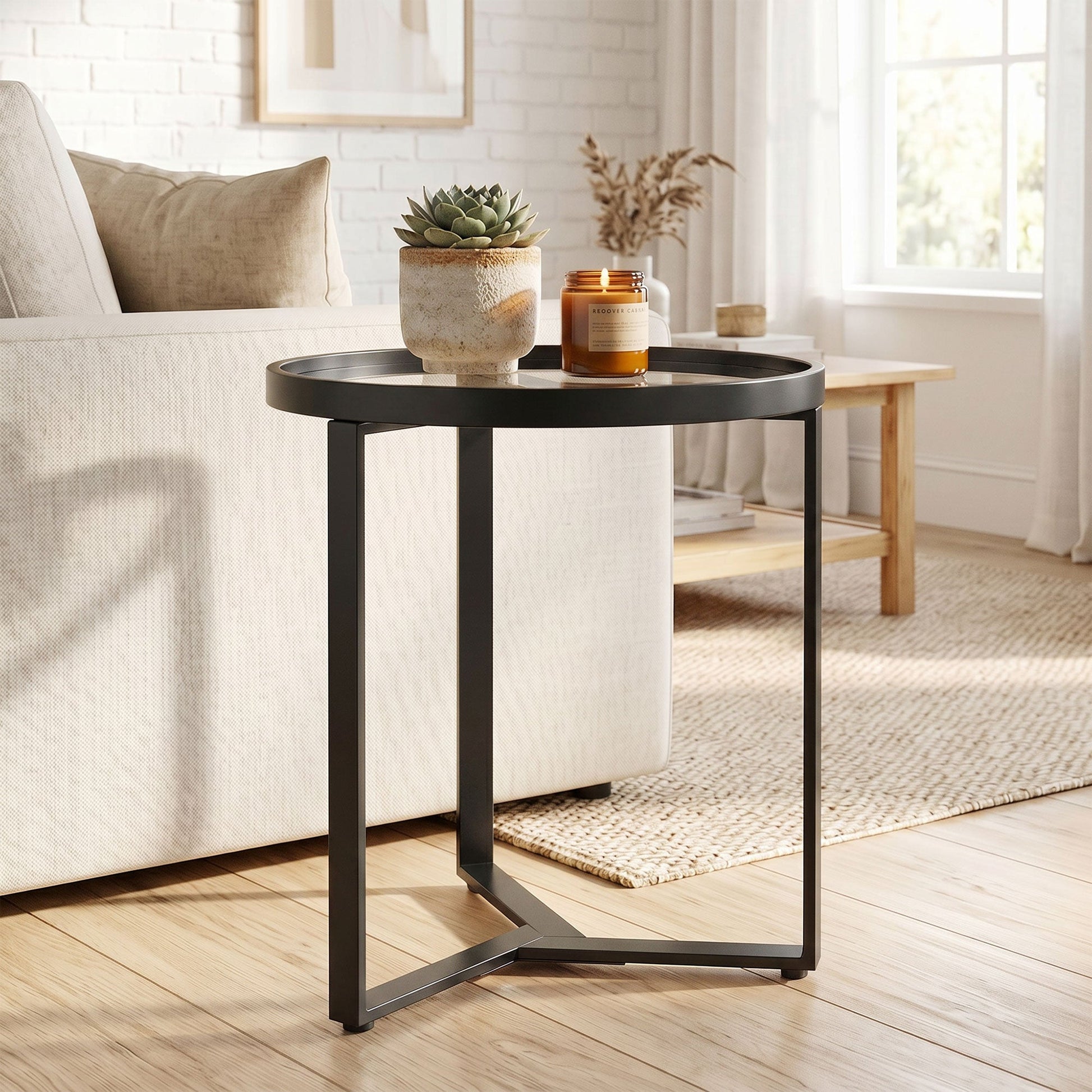 Round Side Table with Tempered Glass Top, Modern End Table with Geometric Metal Frame for Small Space, Living Room and Bedroom, Black