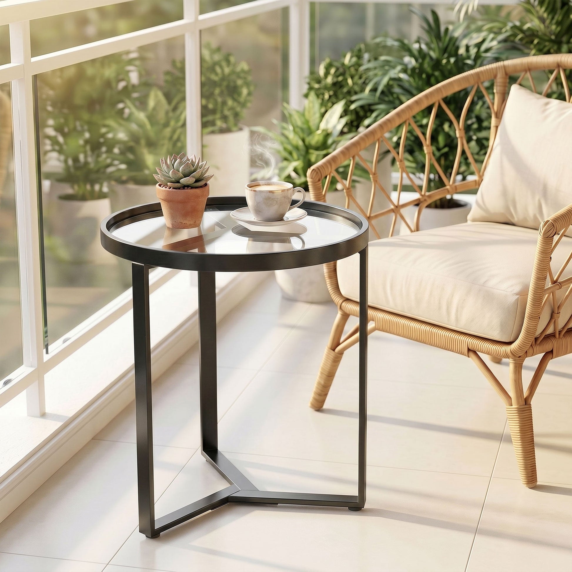 Round Side Table with Tempered Glass Top, Modern End Table with Geometric Metal Frame for Small Space, Living Room and Bedroom, Black