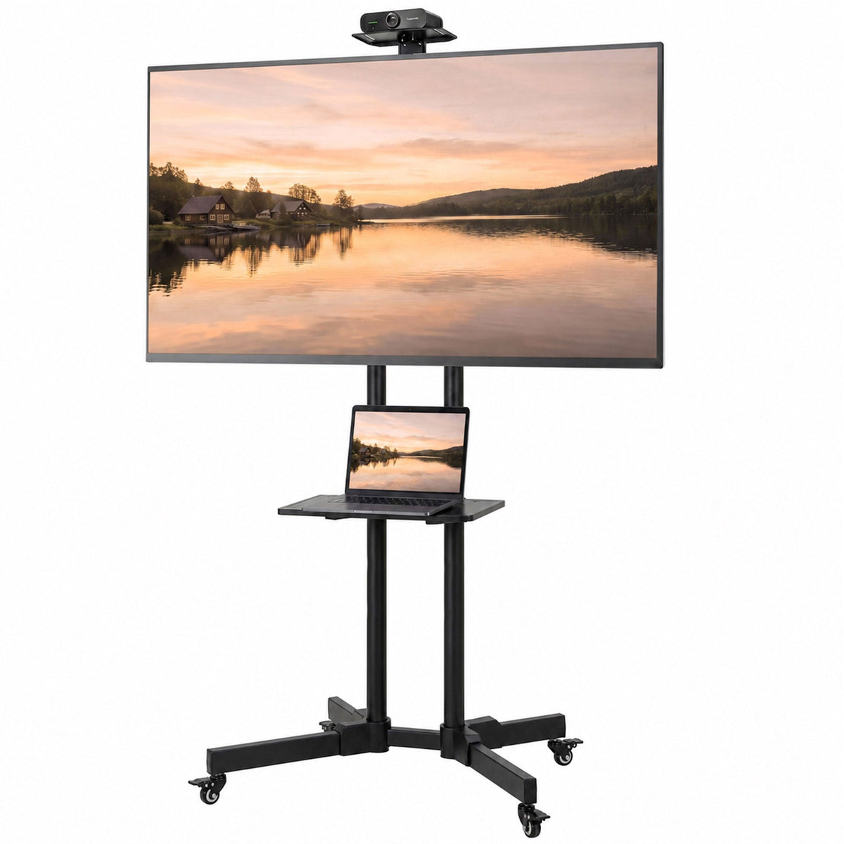 Mobile TV Stand on Wheels for 32-75 Inch Screens, Mobile TV Cart with Tilt, Height Adjustable, Locking Wheels, Camera Shelf & Media Shelf, Max VESA 400 x 600 mm, Black