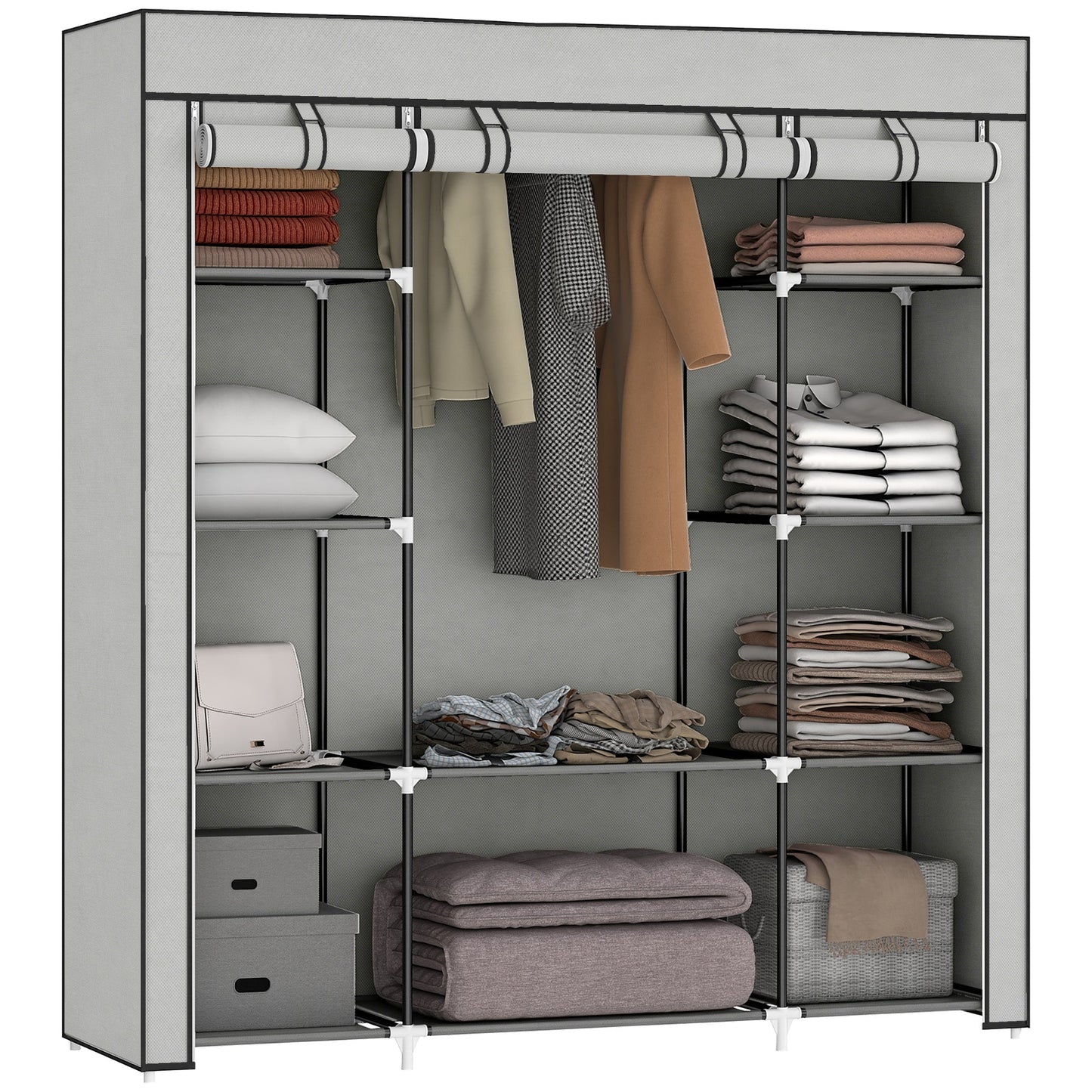 Portable Wardrobe, Foldable Fabric Wardrobe, 150 x 43 x 162.5cm, Clothes Storage Organiser with Hanging Rail, Shelves, Fabric Cover for Bedroom, Light Grey