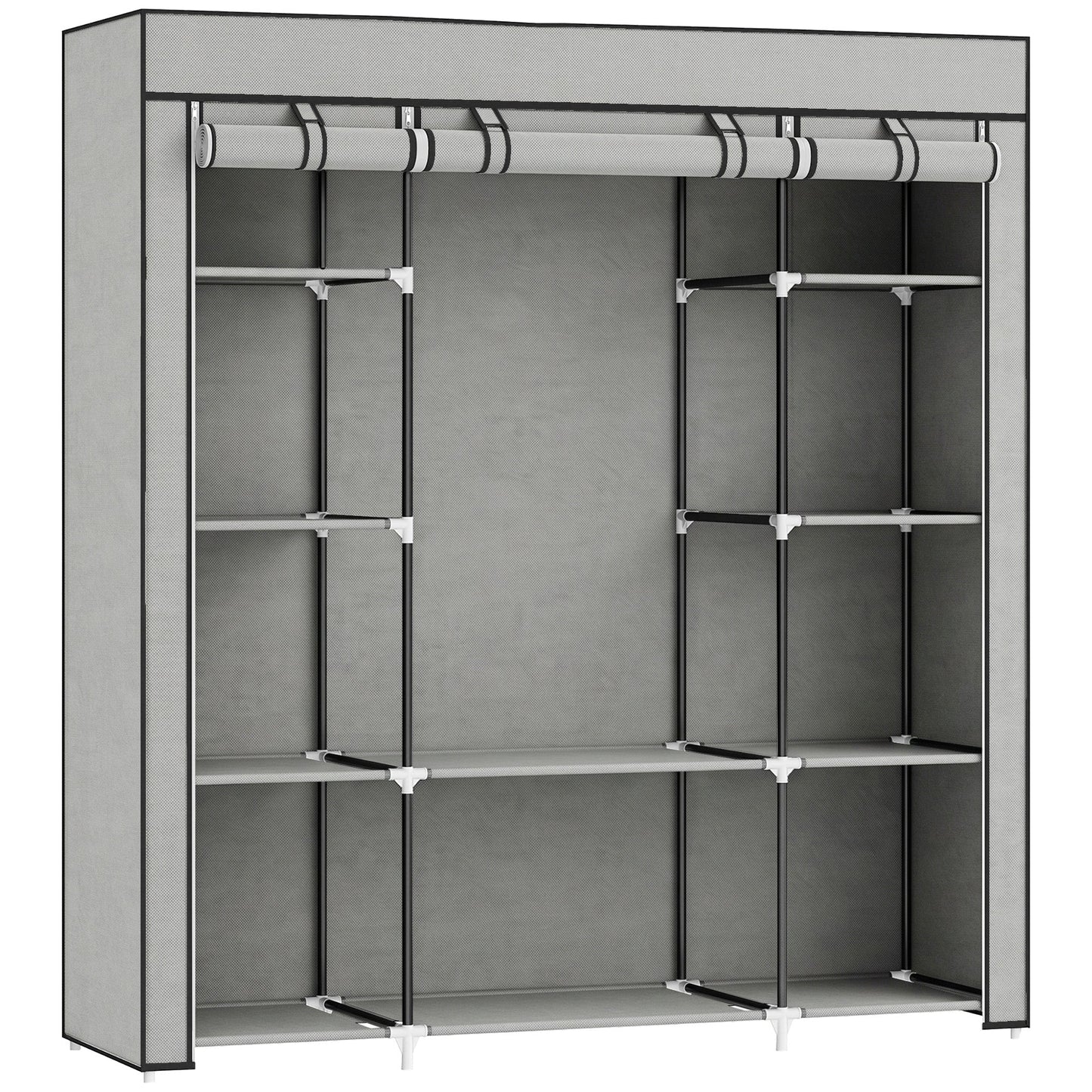 Portable Wardrobe, Foldable Fabric Wardrobe, 150 x 43 x 162.5cm, Clothes Storage Organiser with Hanging Rail, Shelves, Fabric Cover for Bedroom, Light Grey