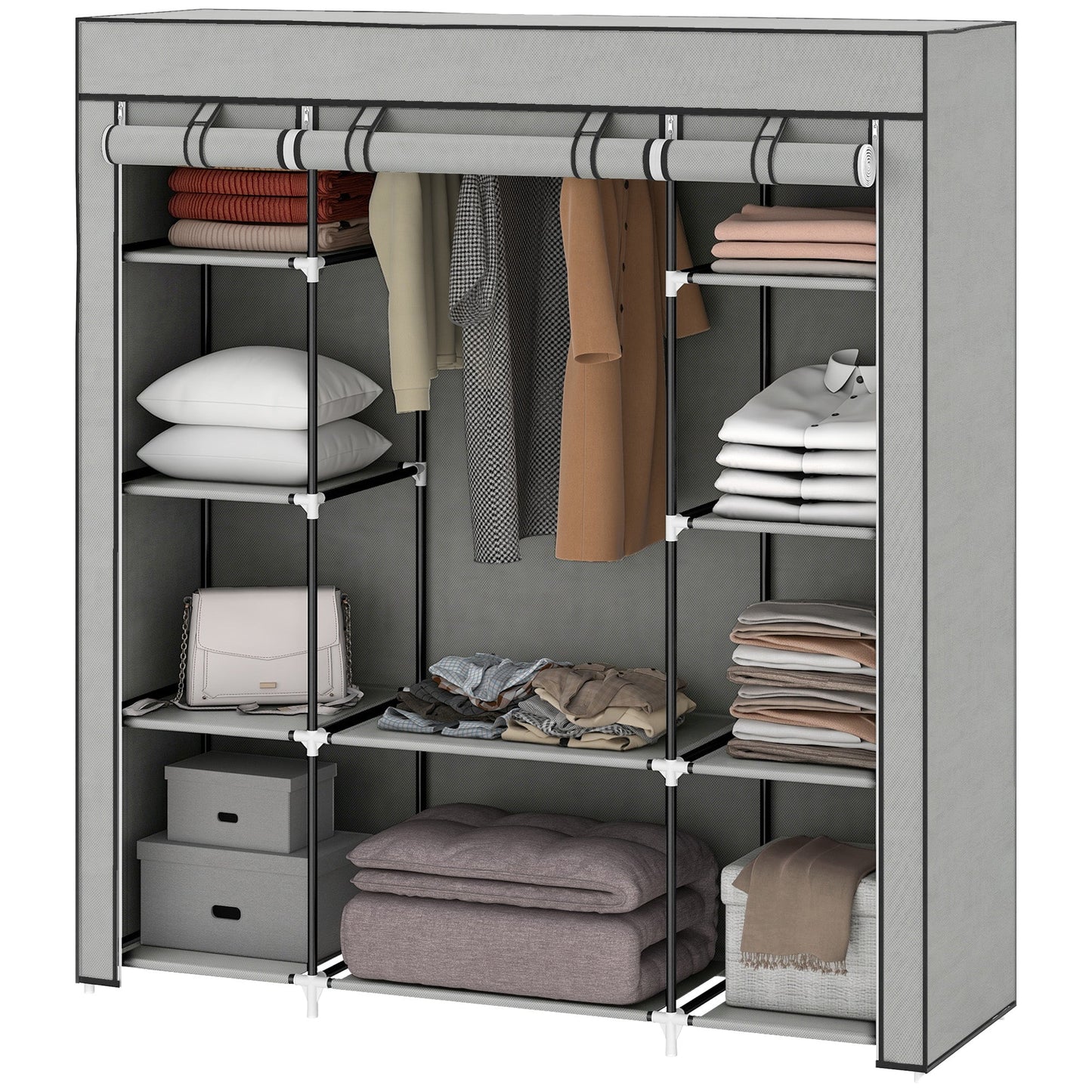 Portable Wardrobe, Foldable Fabric Wardrobe, 150 x 43 x 162.5cm, Clothes Storage Organiser with Hanging Rail, Shelves, Fabric Cover for Bedroom, Light Grey